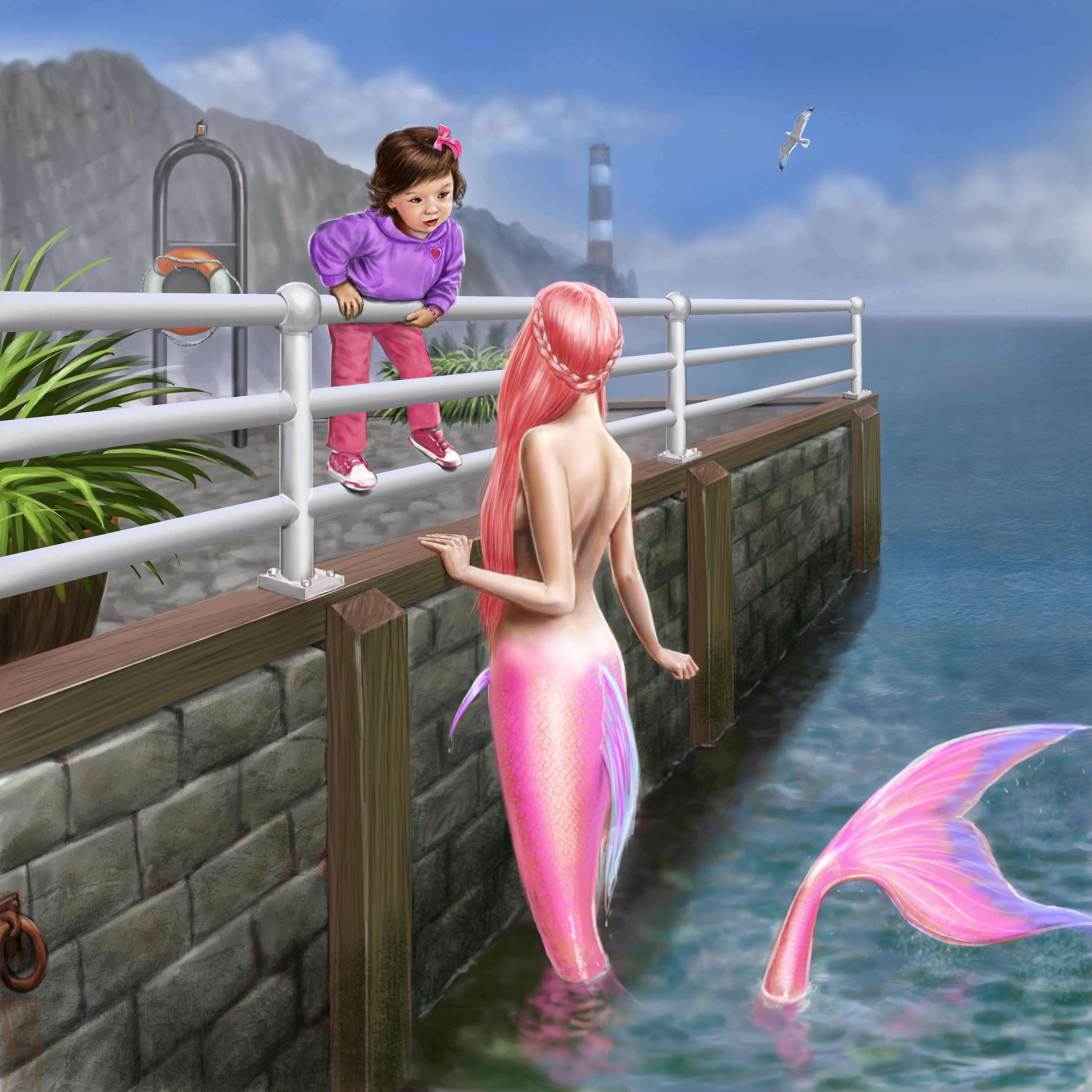 Girl and Mermaid by the Water HD Wallpaper