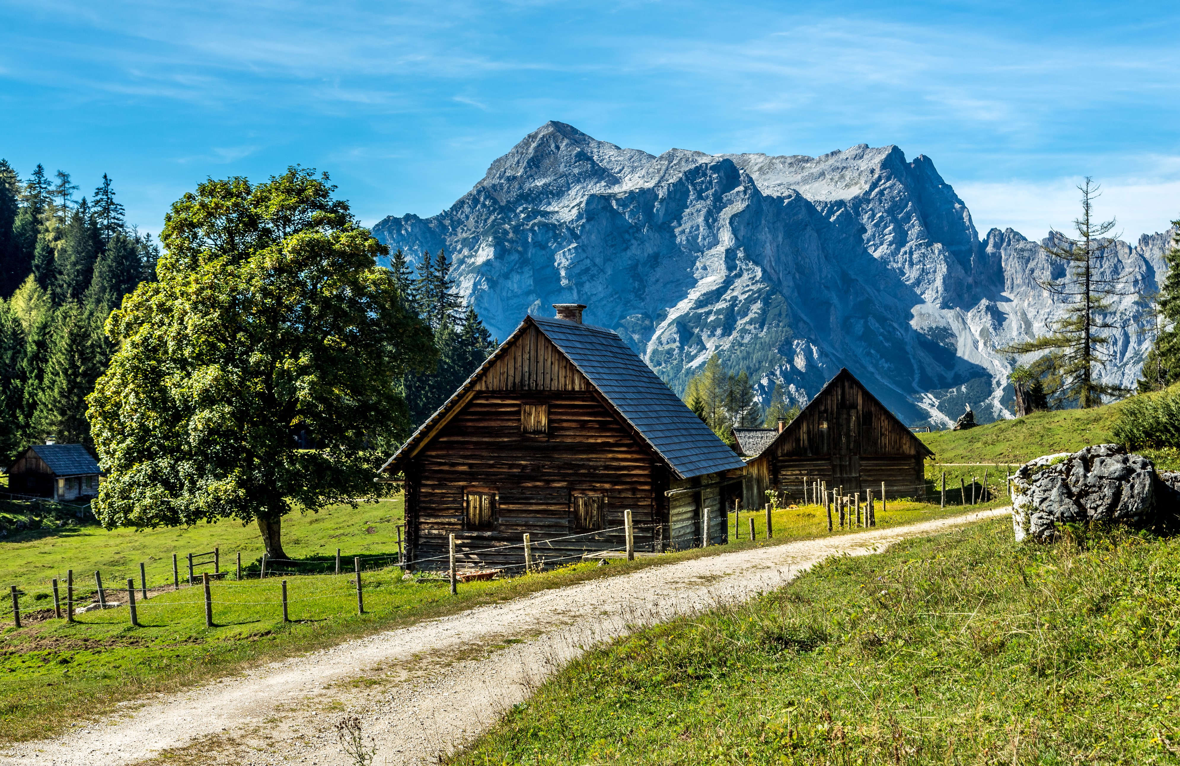 Wooden houses in Gesaeuse National Park, Austria HD Wallpaper
