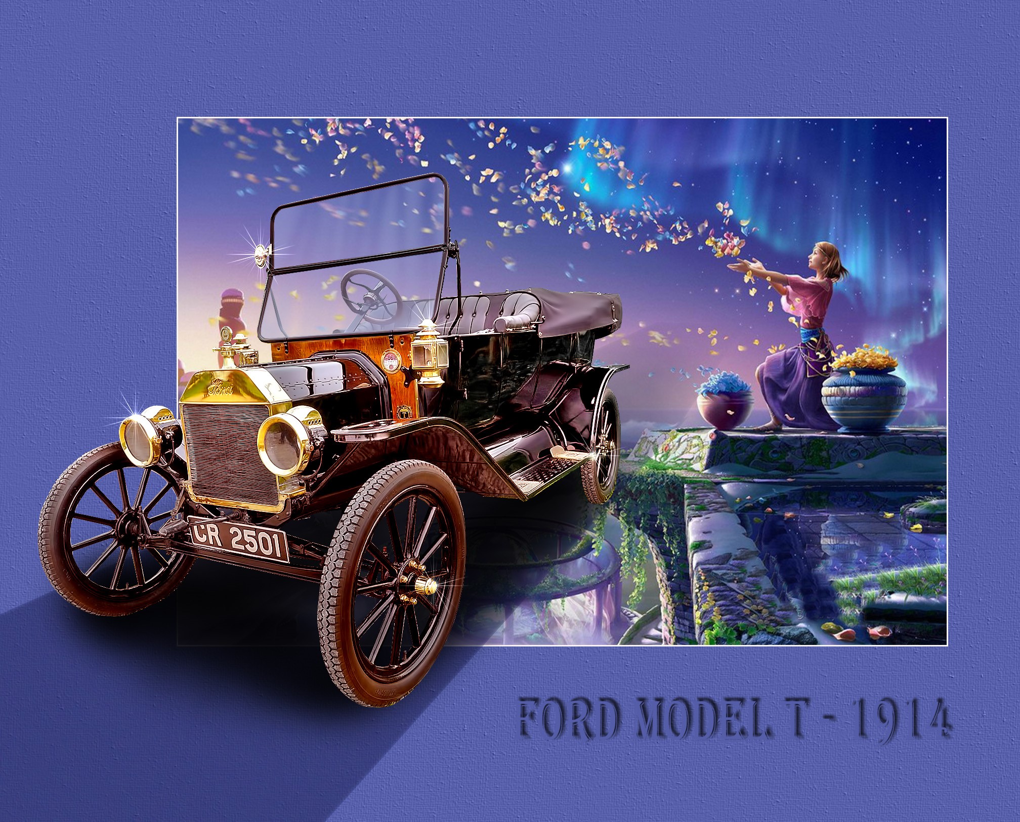 Ford Model T 1914 with a woman and aurora borealis HD Wallpaper