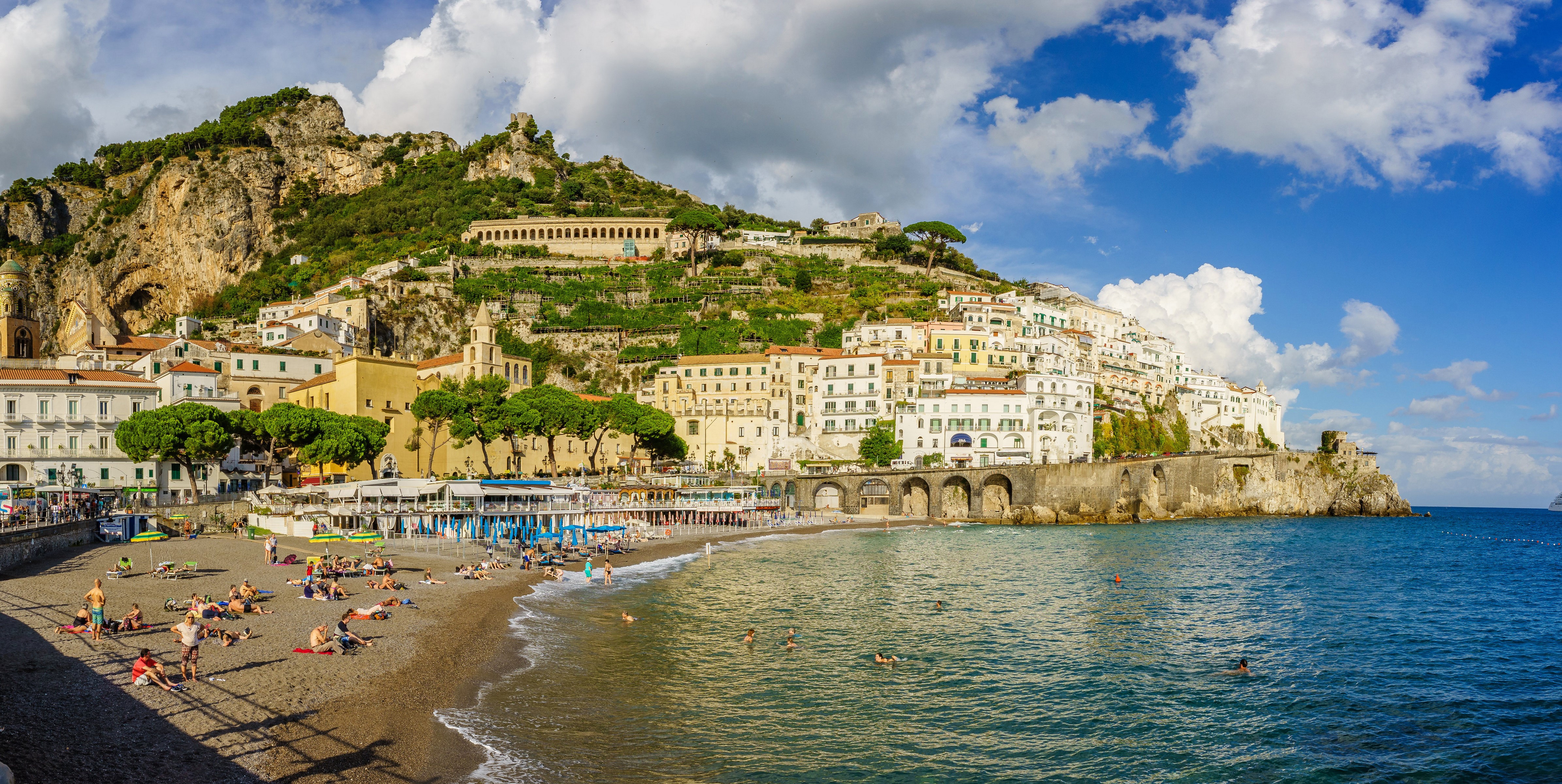 4K Amalfi Coast Italy Houses Sea Crag Trees HD Wallpaper