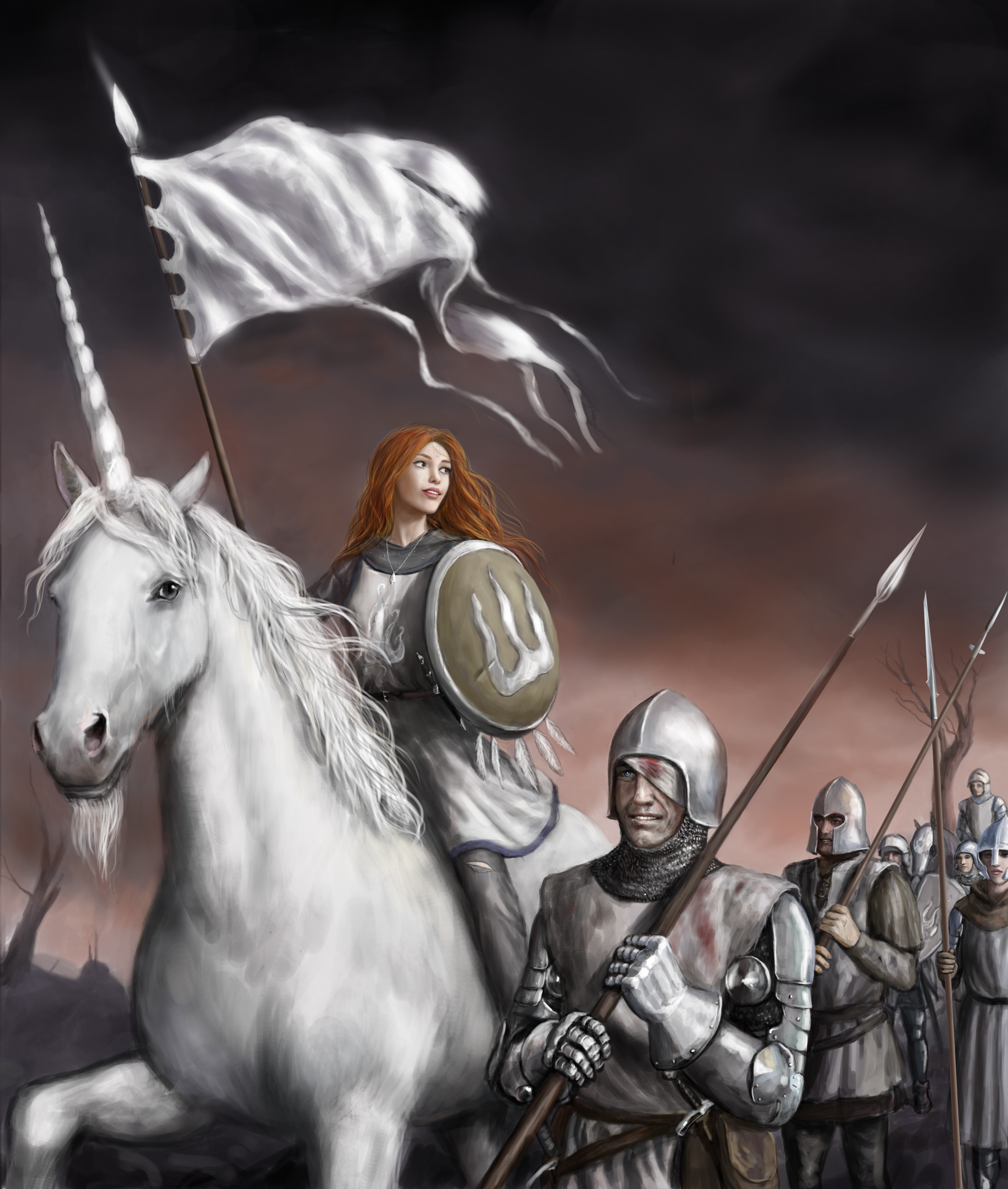 Woman on unicorn with soldiers carrying spears HD Wallpaper