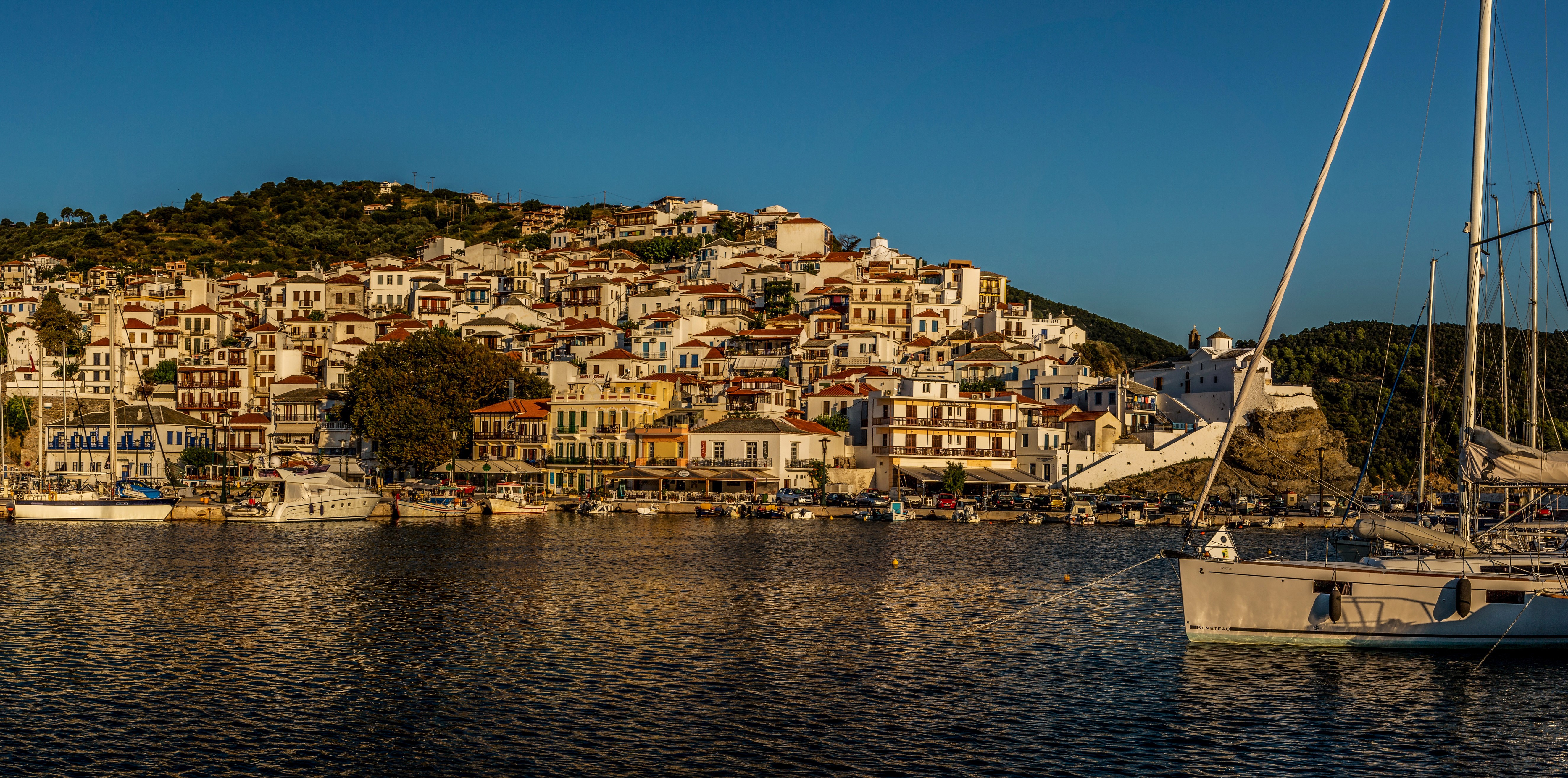 Skopelos Greece Houses Marinas Sea Coast 4K HD Wallpaper