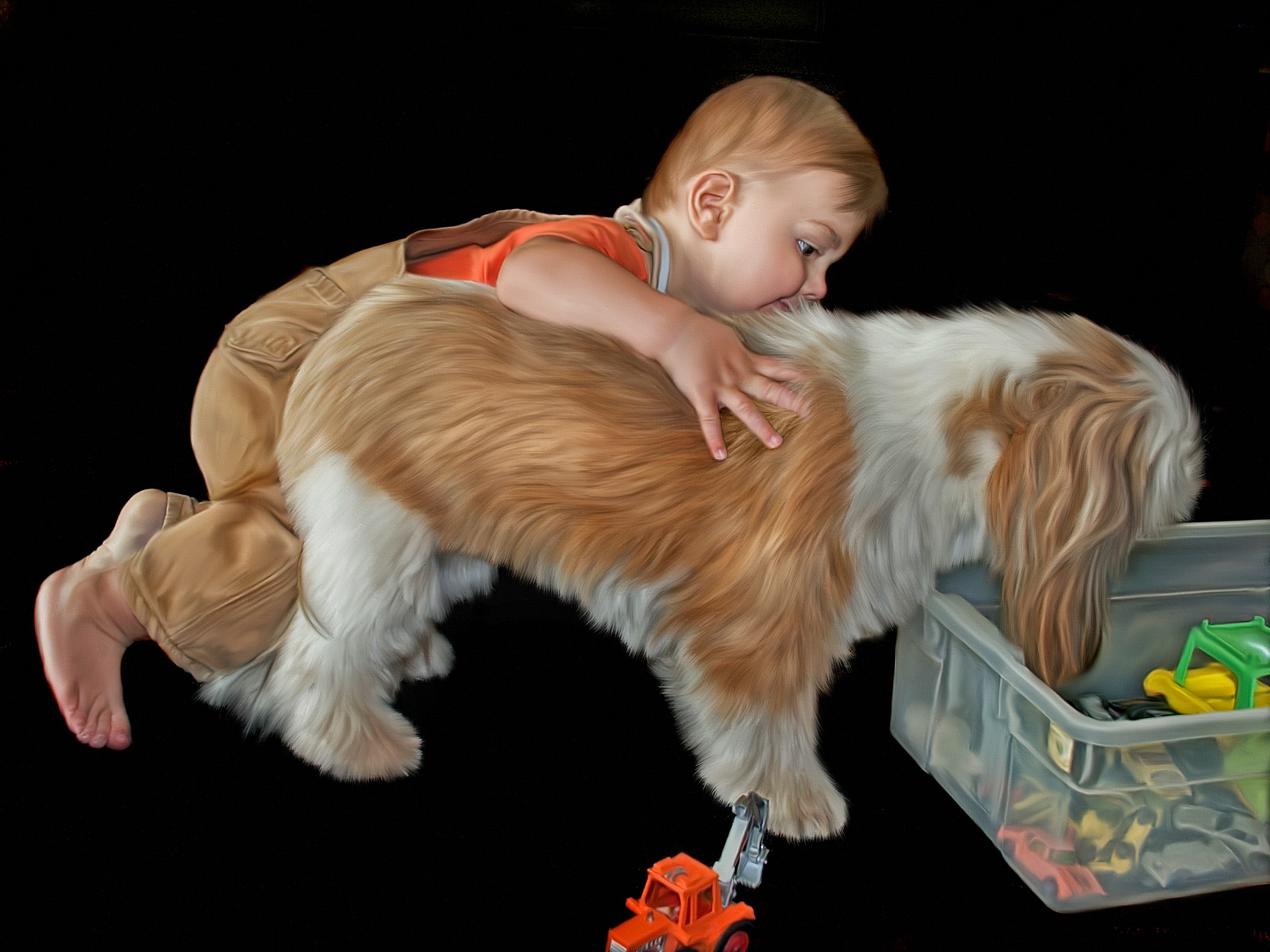 Boy hugging a dog near a toy bin HD Wallpaper