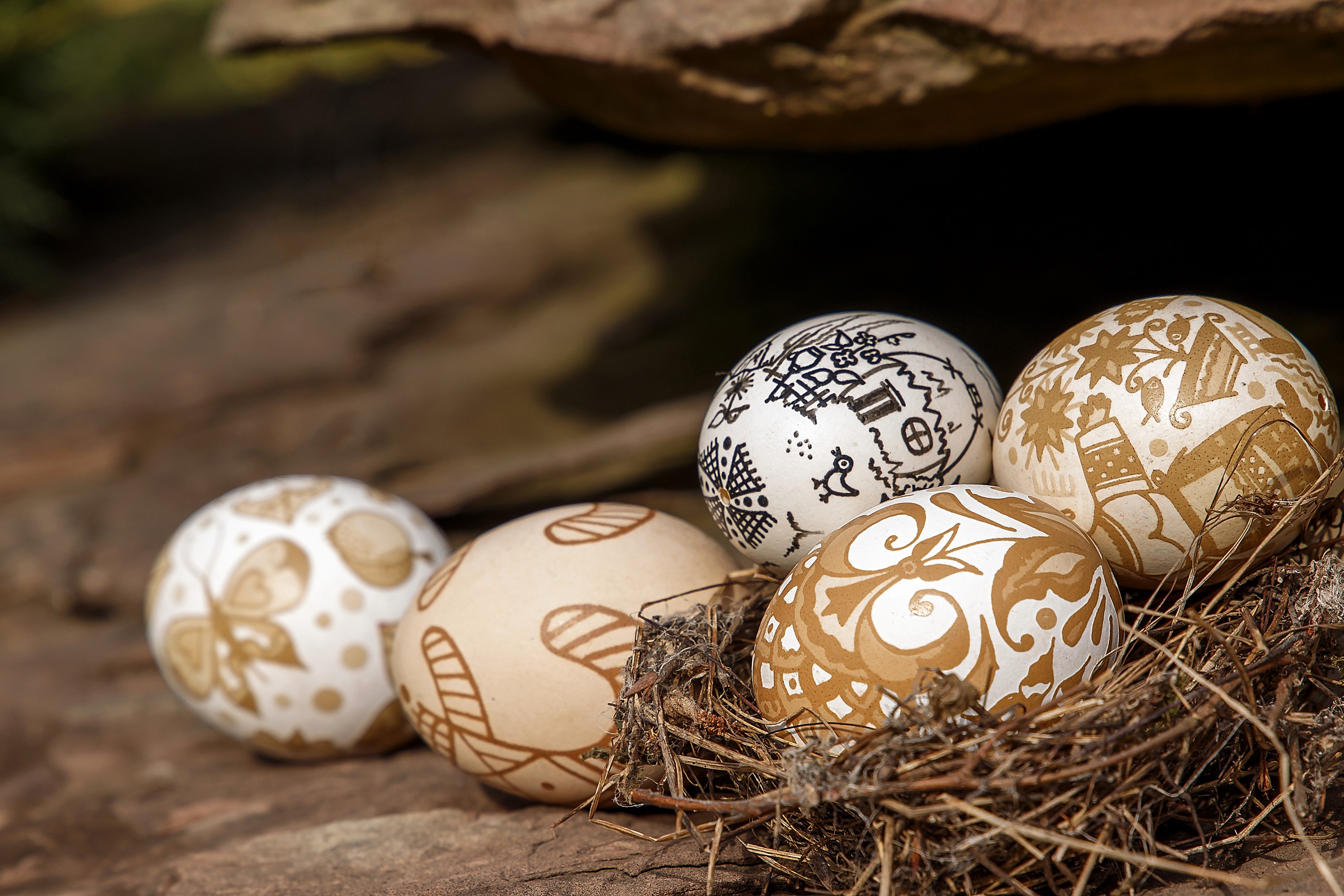 Decorated Easter eggs in a nest HD Wallpaper