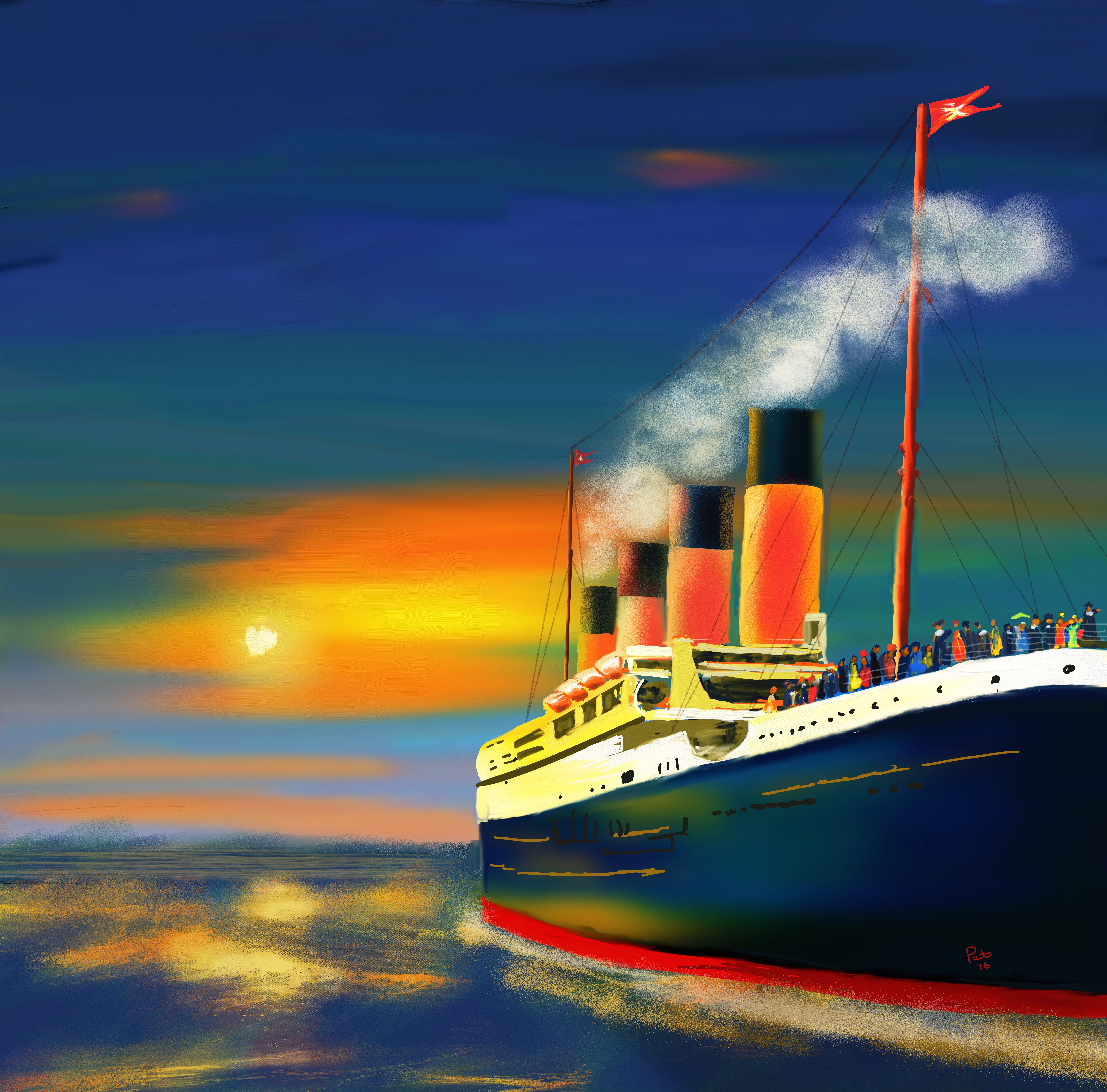Painting of a ship at sunset HD Wallpaper