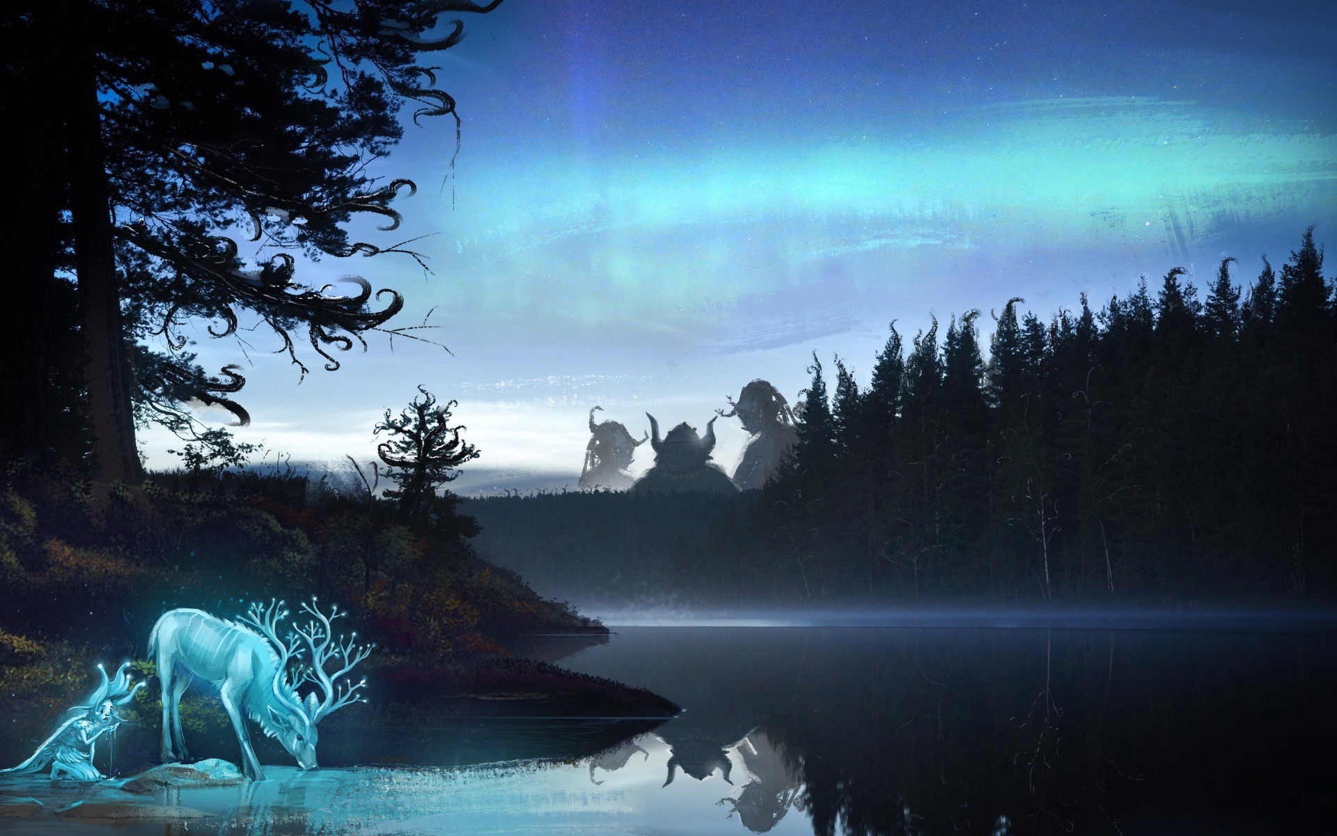 Magical deer and figures by a lake under the aurora HD Wallpaper