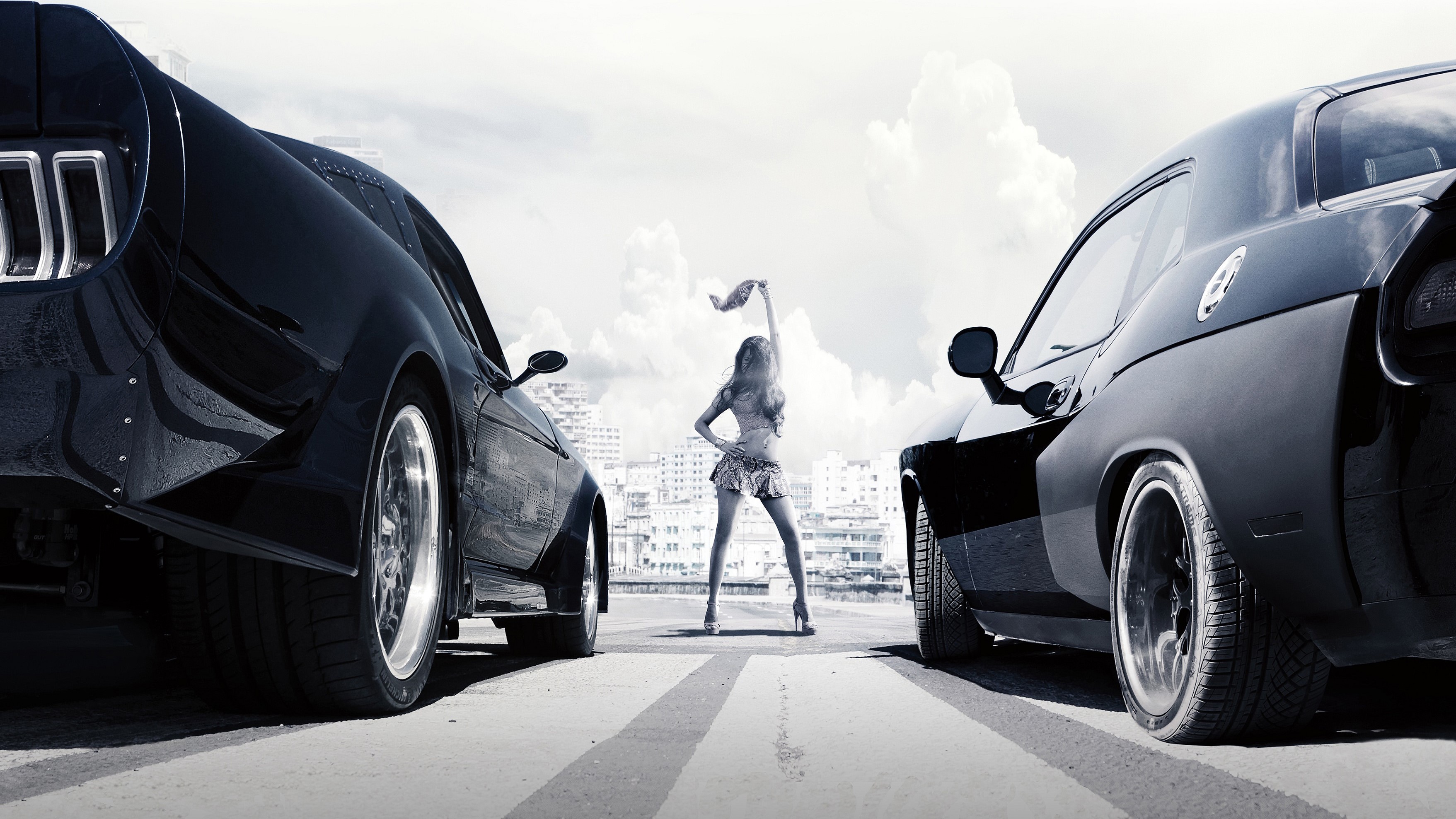 Woman between two cars, Fast & Furious 8 HD Wallpaper