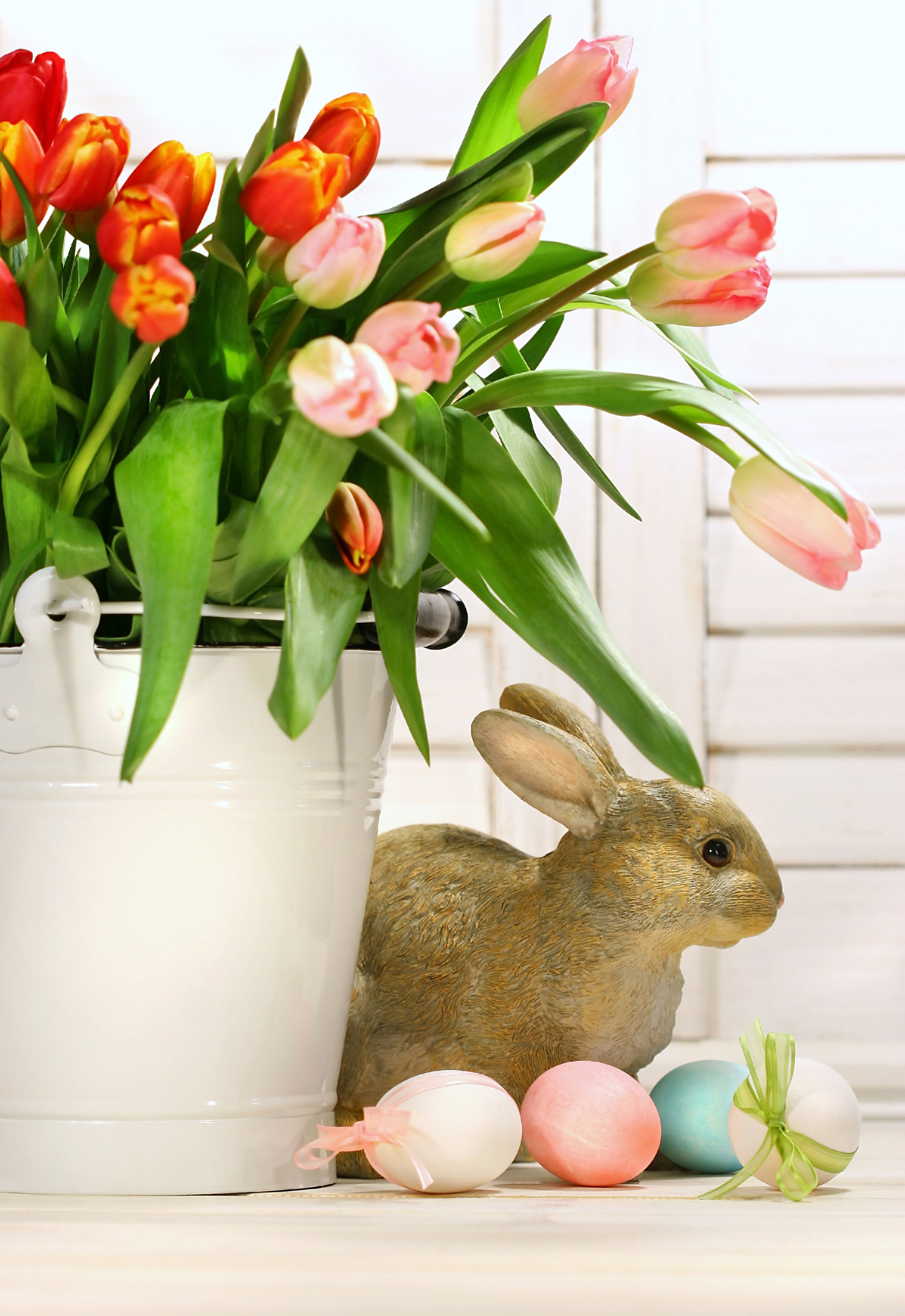 Easter Tulips and Rabbit with Eggs HD Phone Wallpaper