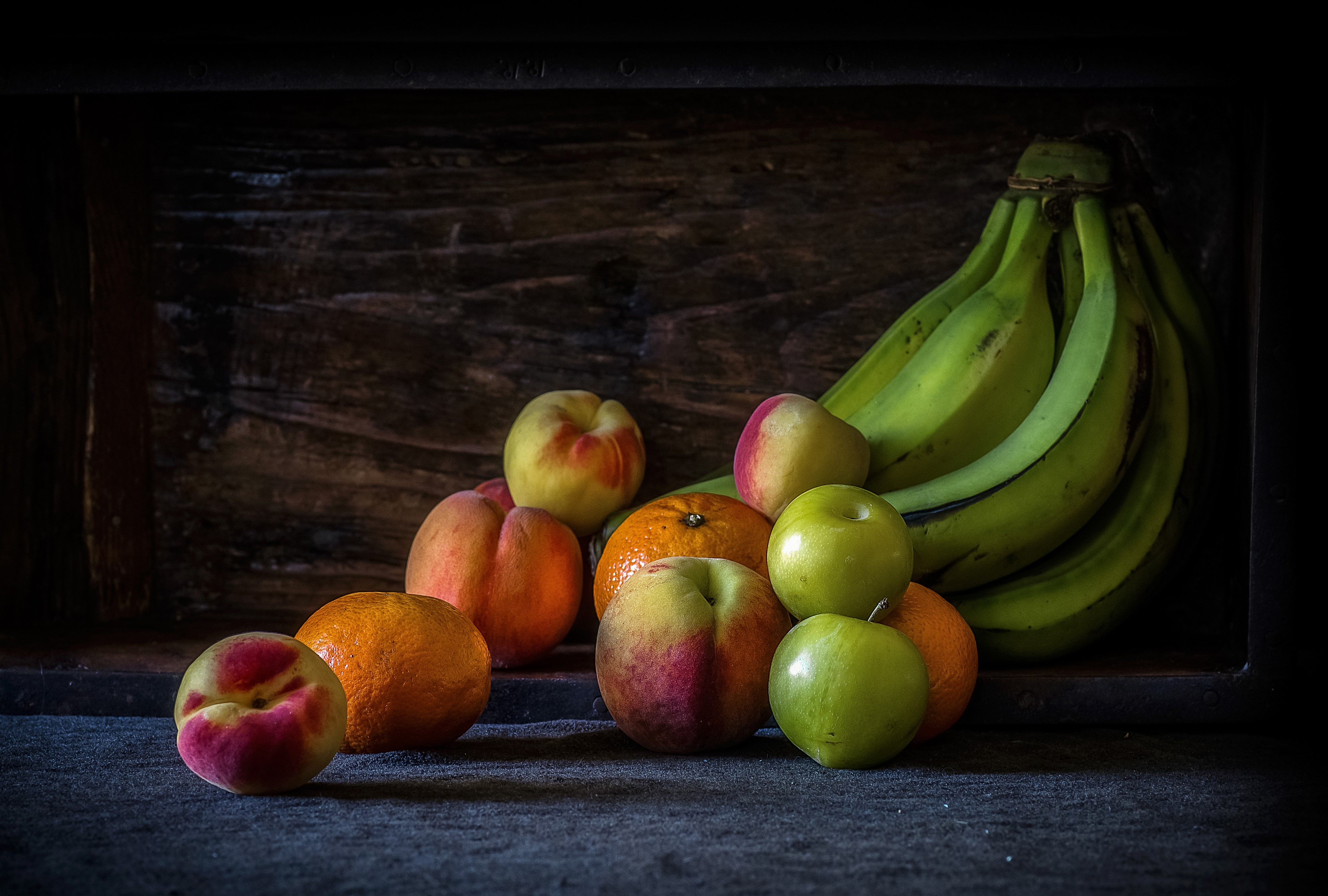 Still-life of Bananas, Apples, Peaches, and Mandarines HD Wallpaper