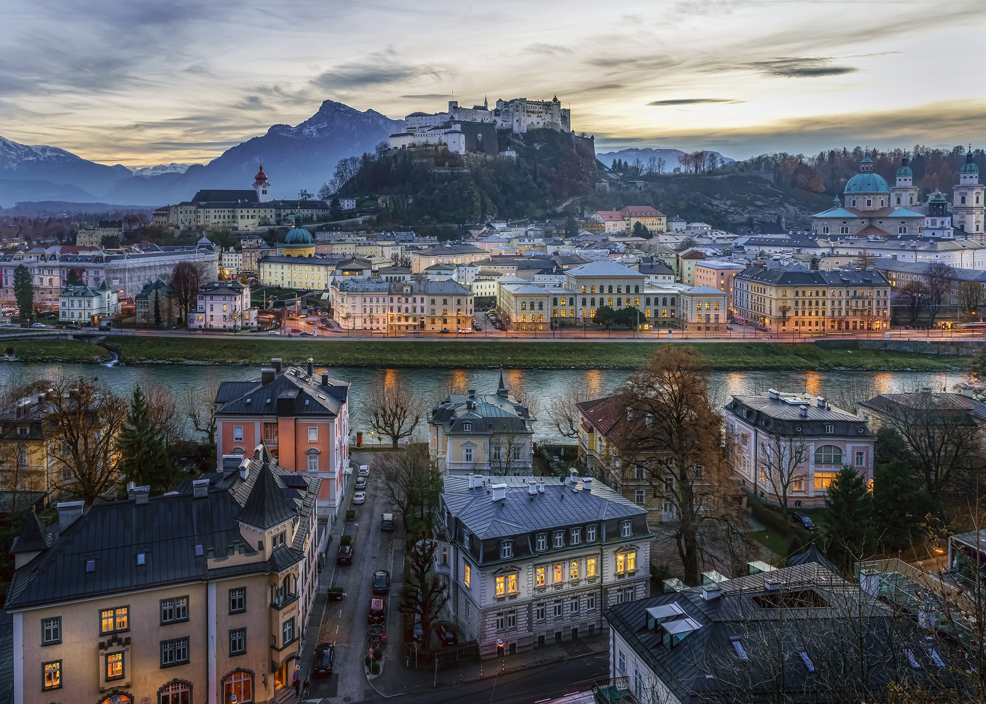Salzburg cityscape with river and castle at dusk HD Wallpaper