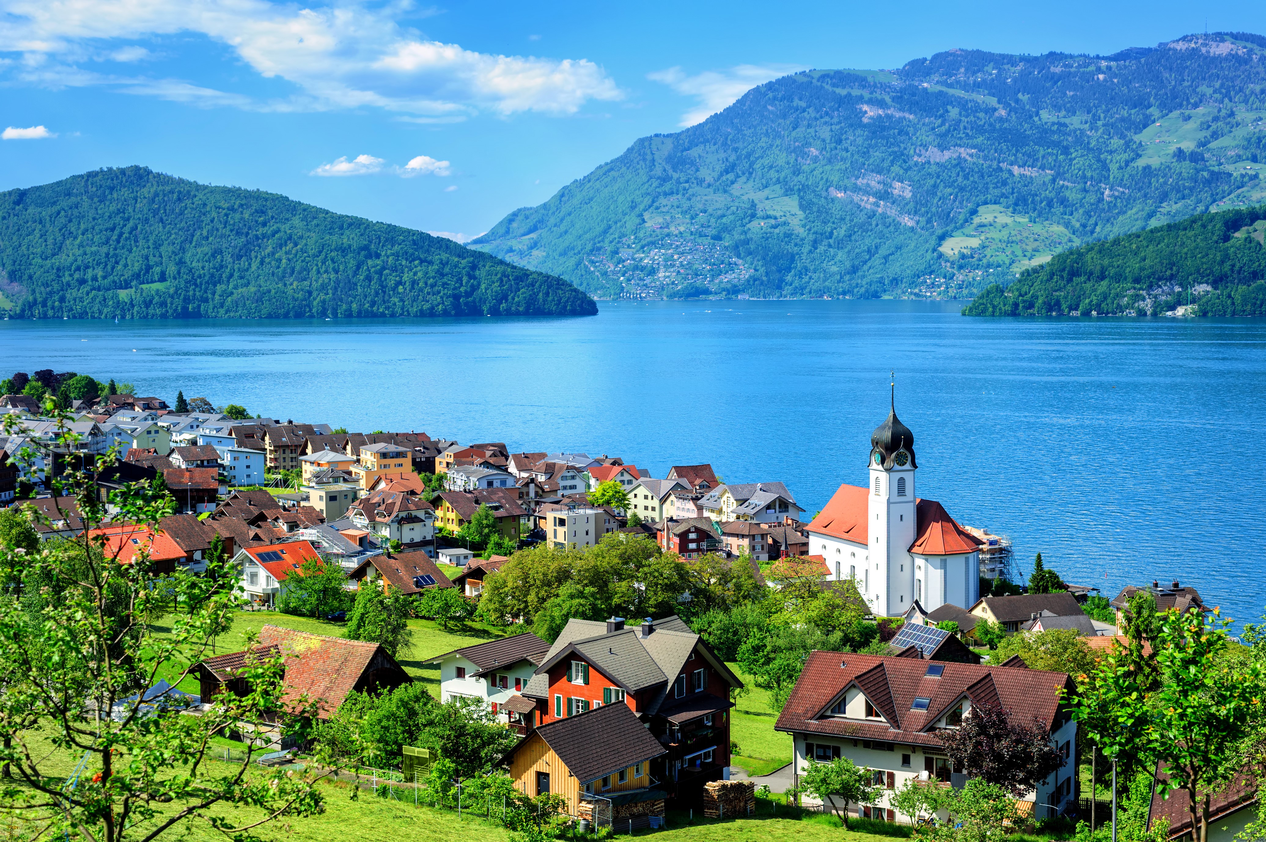 4K Engelberg Lake Lucerne Switzerland Mountains Houses HD Wallpaper