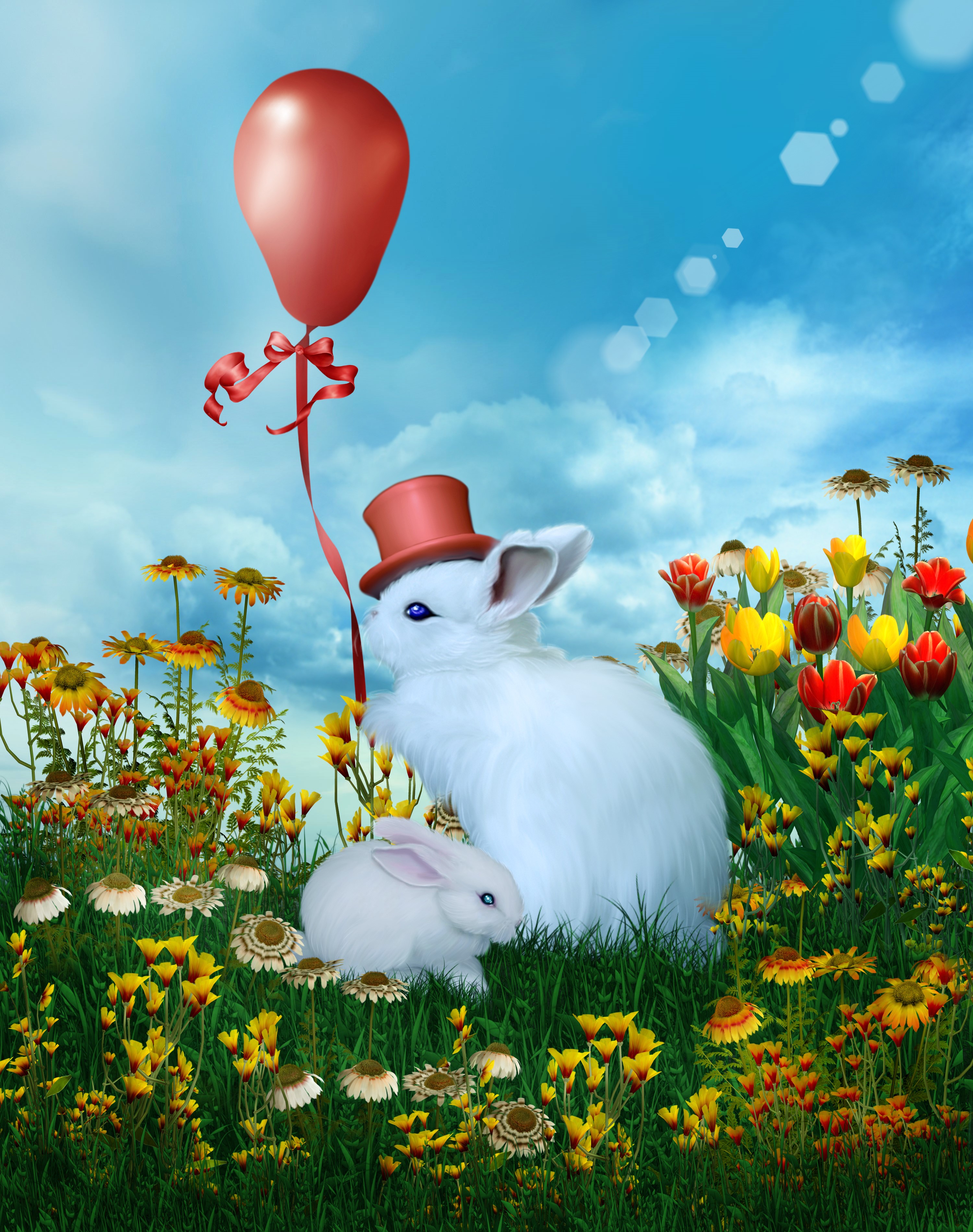 Two rabbits in a field with a red balloon and flowers HD Phone Wallpaper