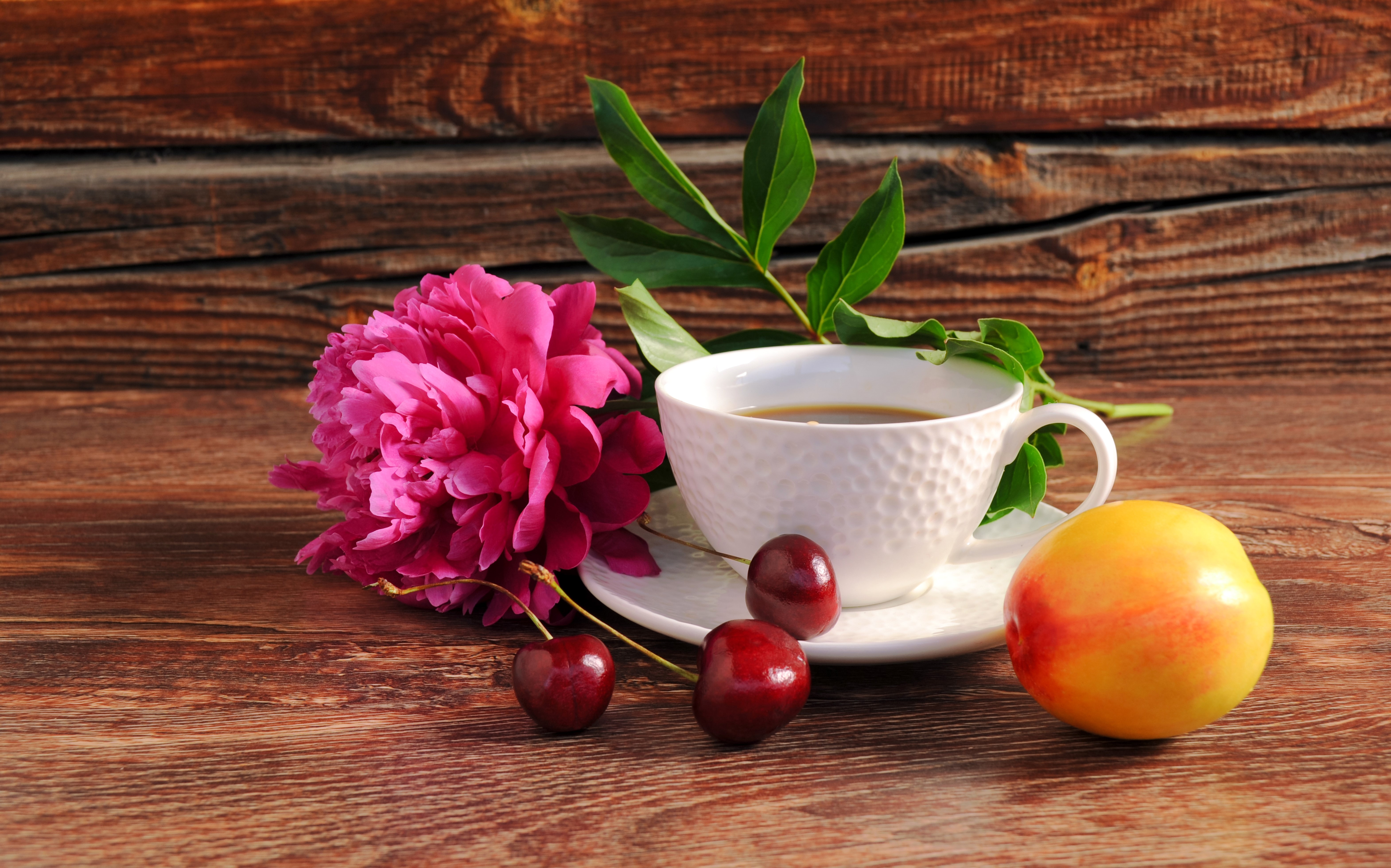 Still life with coffee cup, peonies, cherries, and peach HD Wallpaper