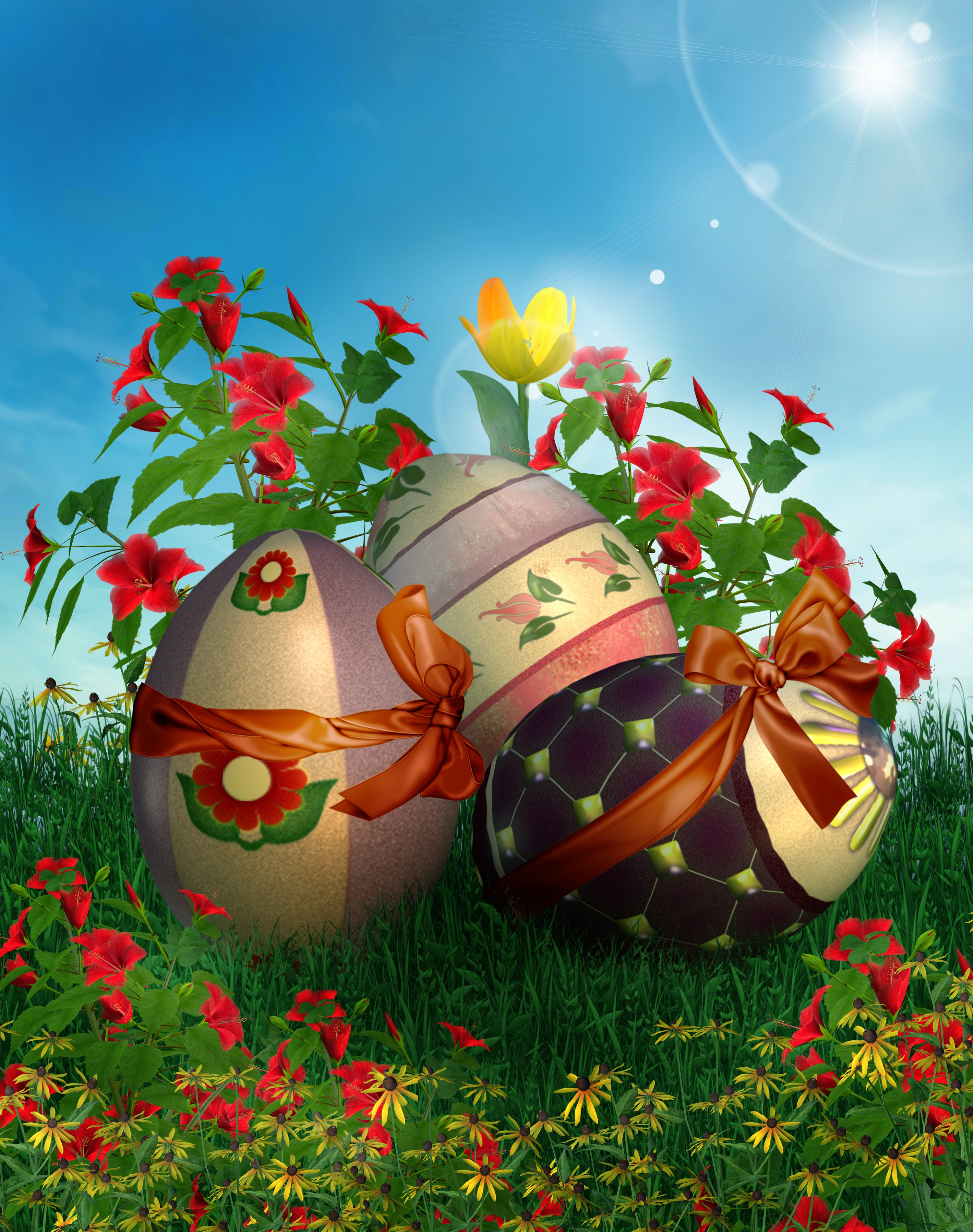 Easter Eggs with Flowers and Bows HD Phone Wallpaper