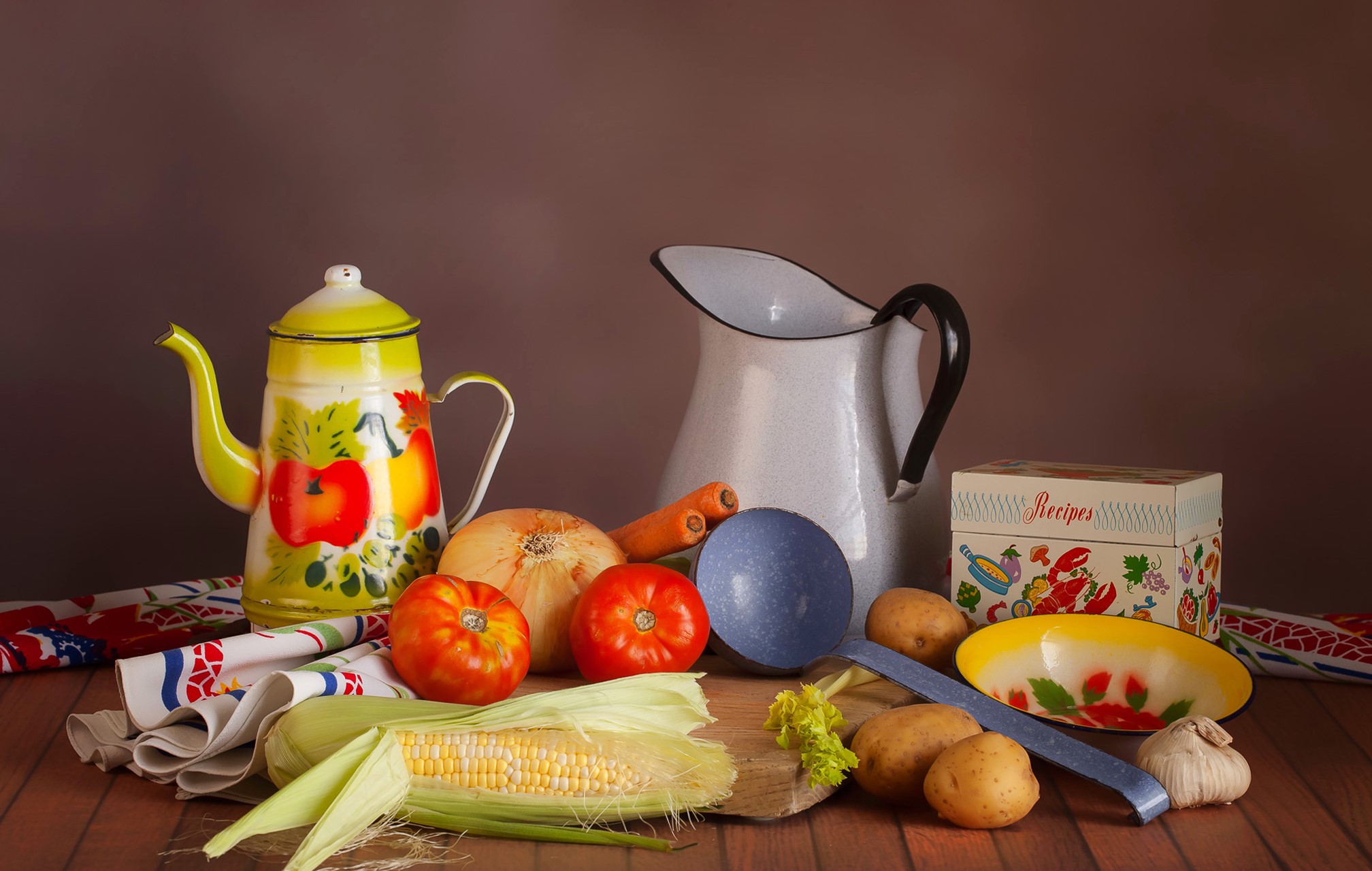 Still life with vegetables, kettle, and jug HD Wallpaper