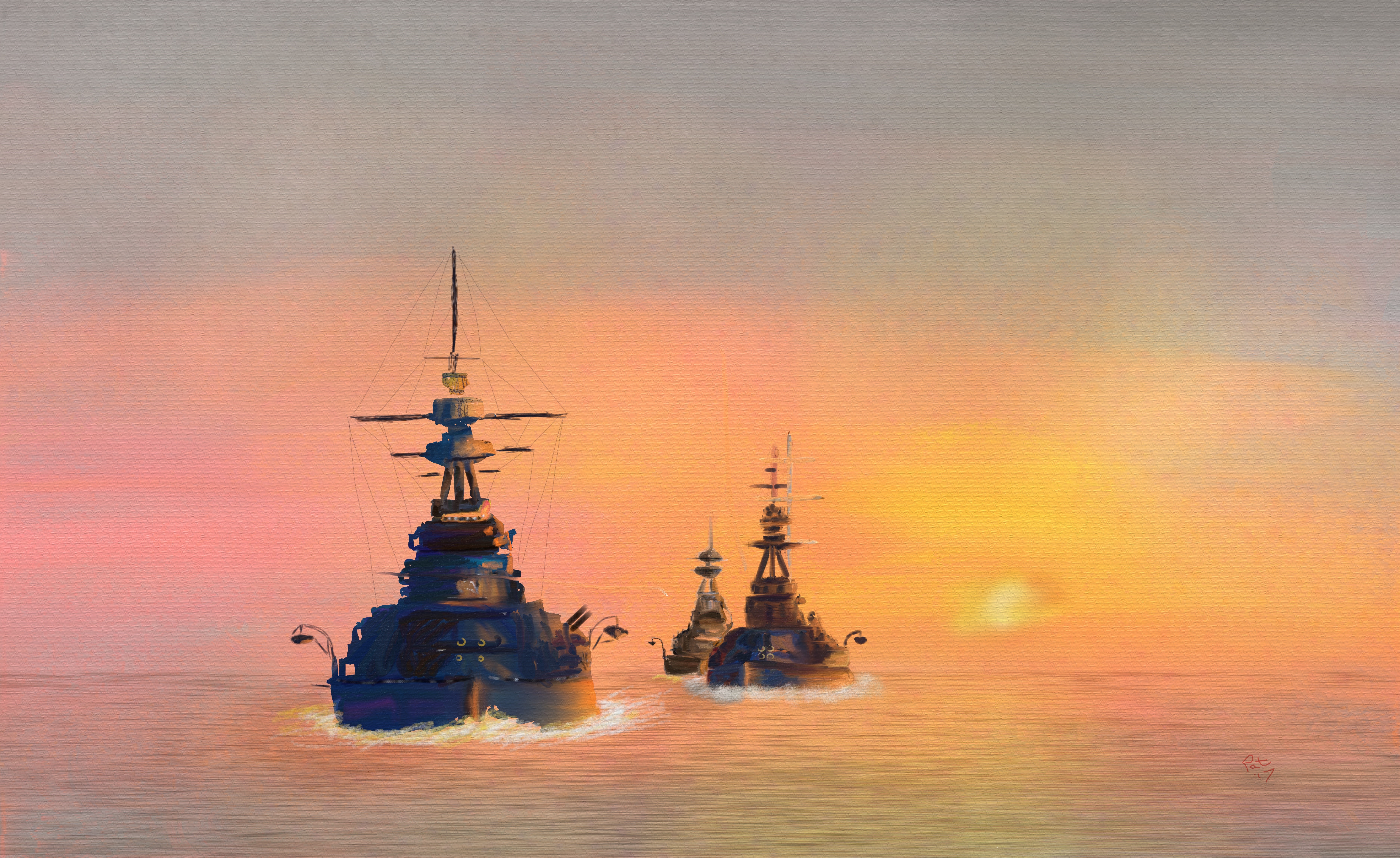 Battlecruisers sailing at sunset HD Wallpaper