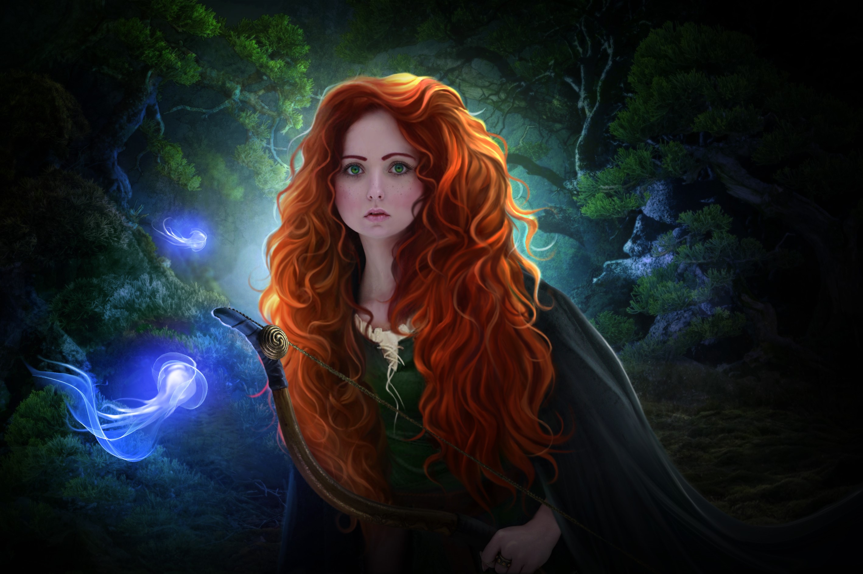 Merida from Brave holding a bow in a forest HD Wallpaper