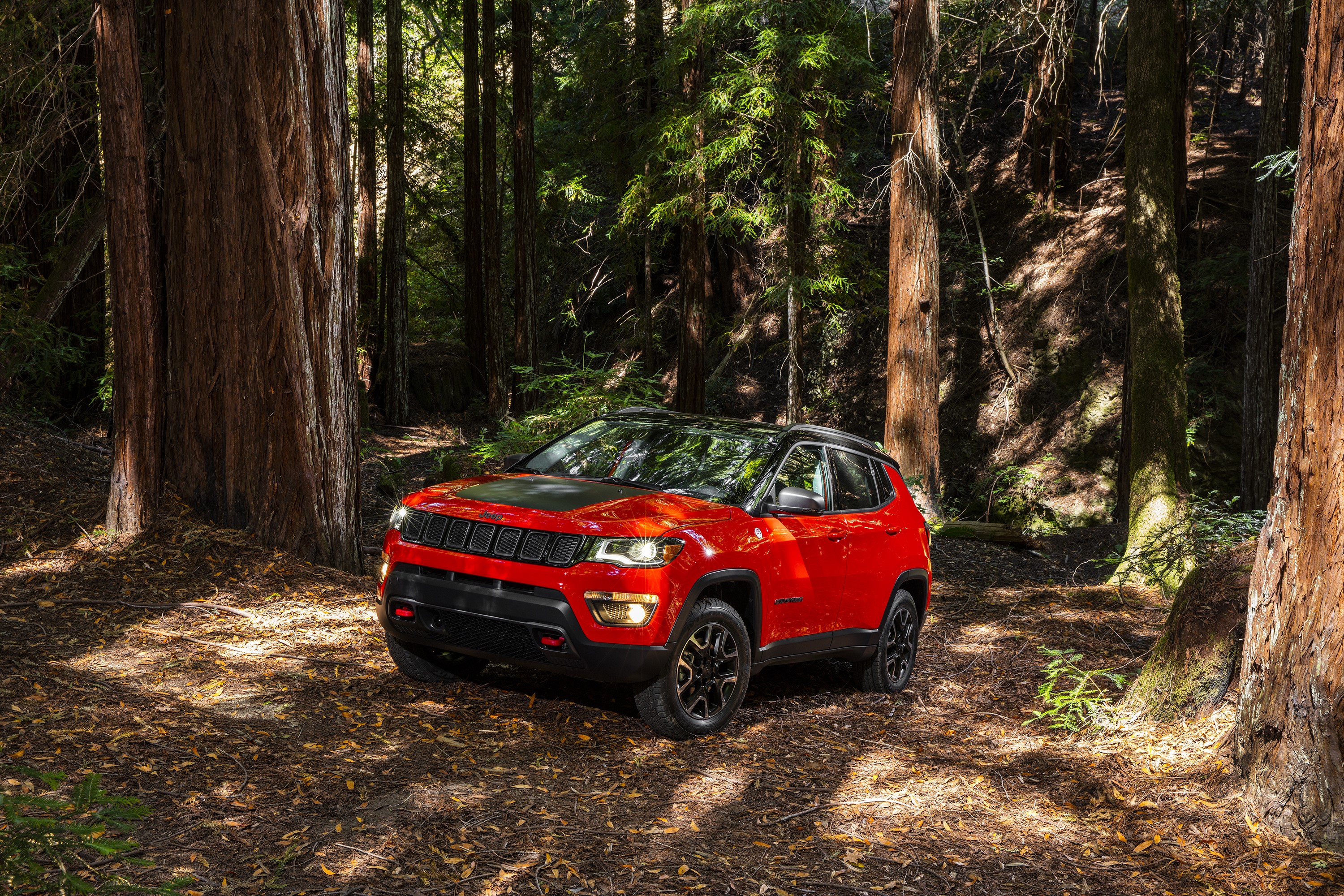 Red 2017 Jeep Compass Trailhawk in Forest HD Wallpaper