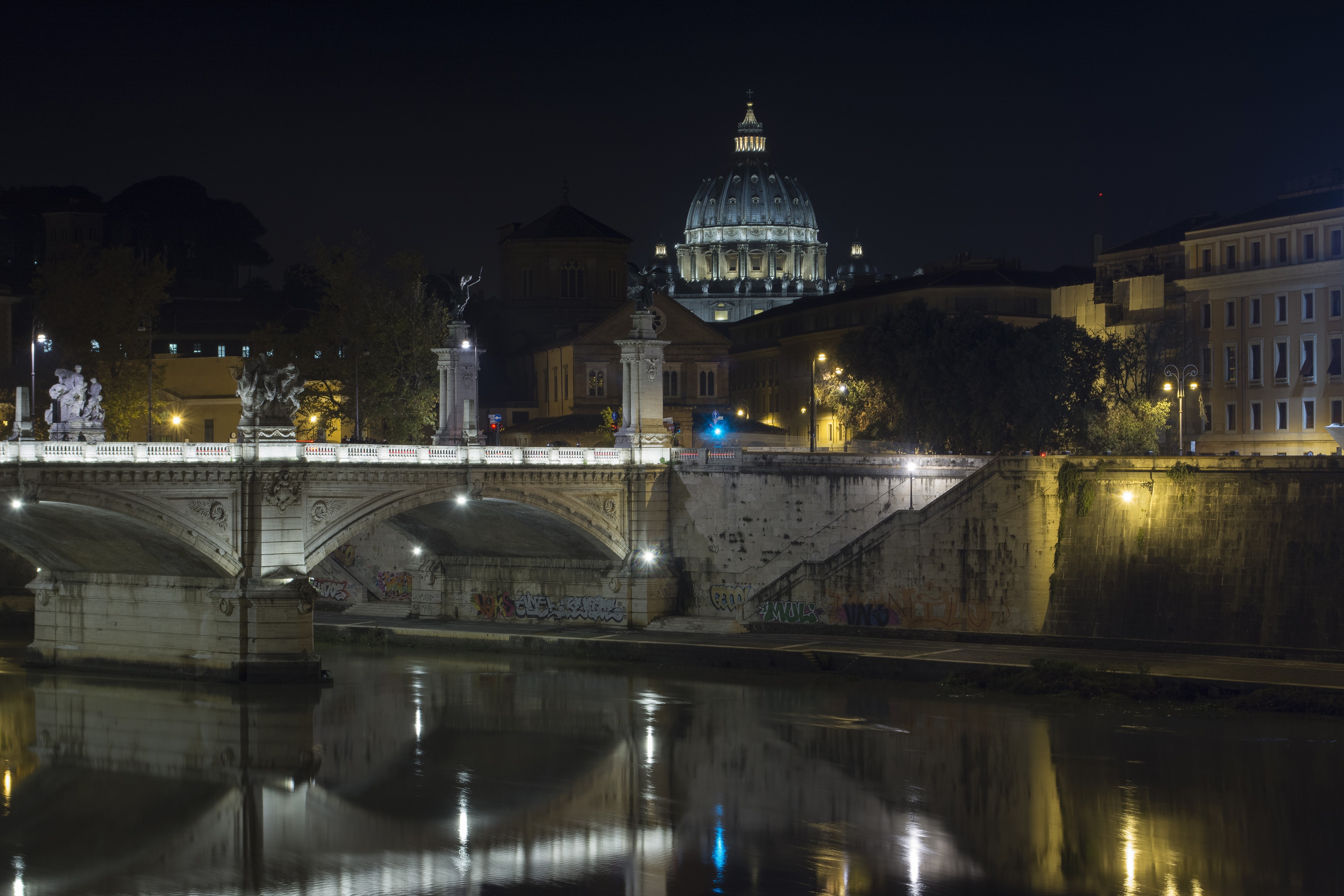 Rome at Night: Bridge and St. Peter's Basilica HD Wallpaper