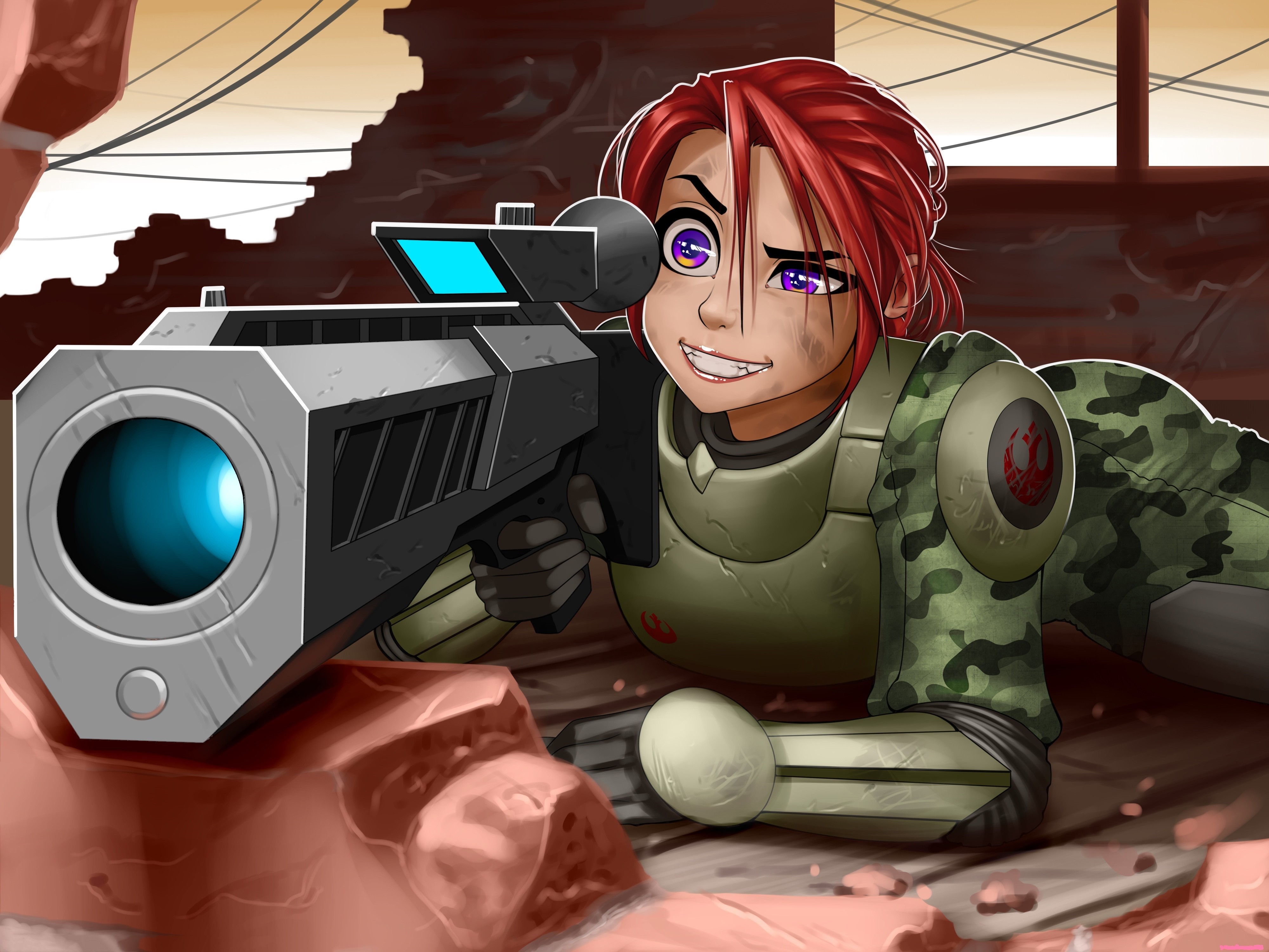 Redhead girl with sniper rifle in ruins HD Wallpaper