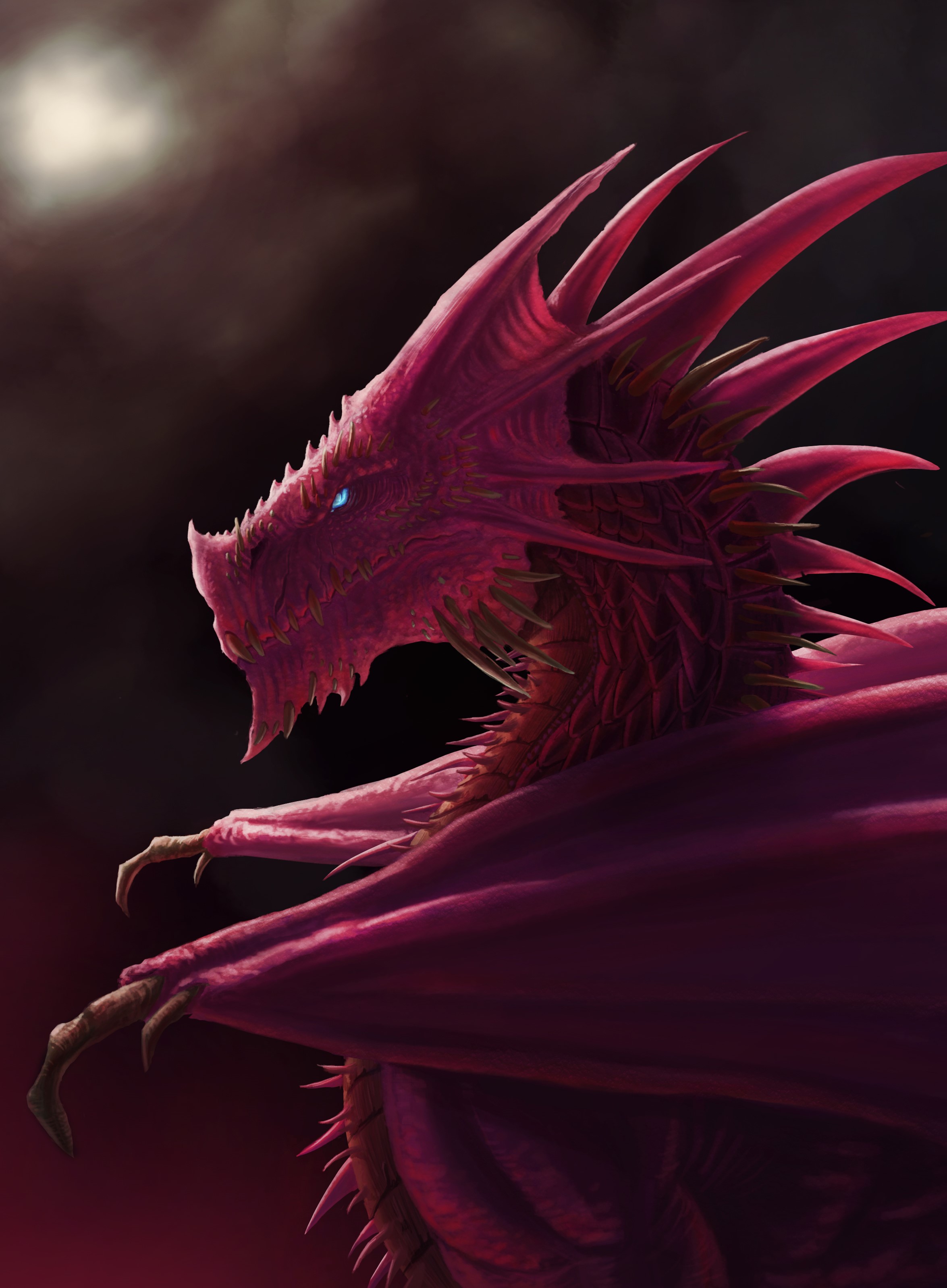 Red Dragon with Blue Eyes in Dark Sky HD Phone Wallpaper
