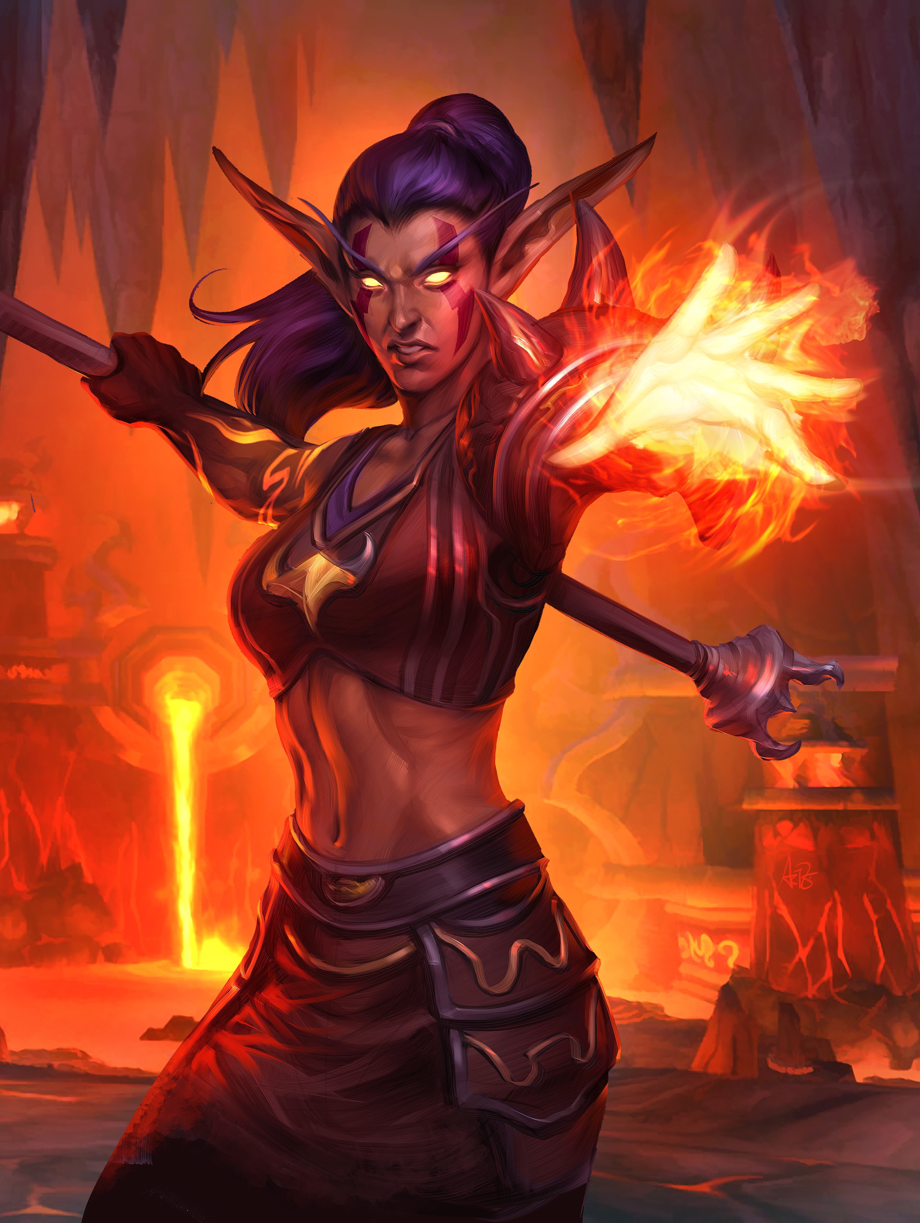 Female Elf casting fire magic in World of Warcraft HD Phone Wallpaper