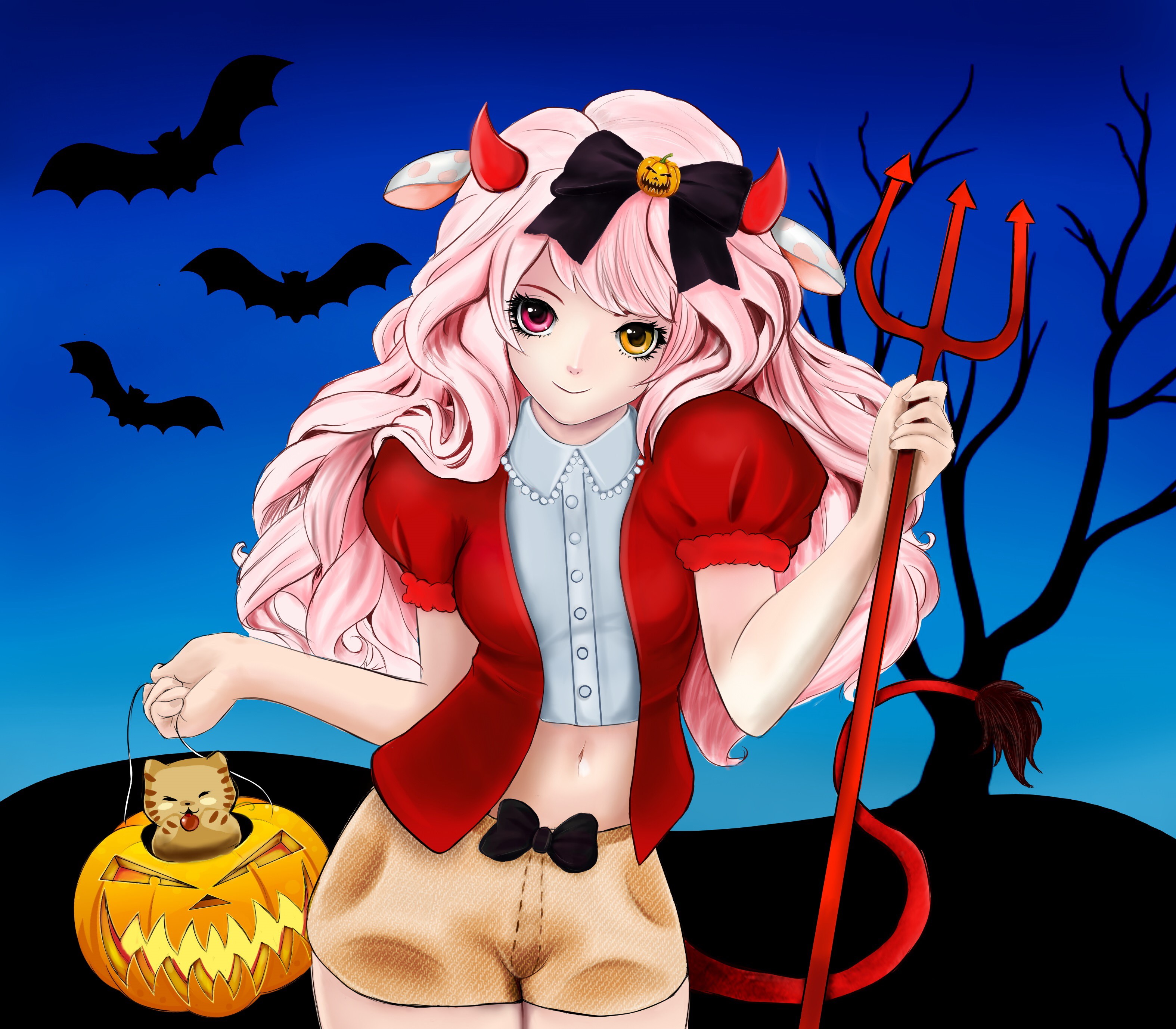 Anime girl in devil costume with trident and pumpkin bucket HD Wallpaper