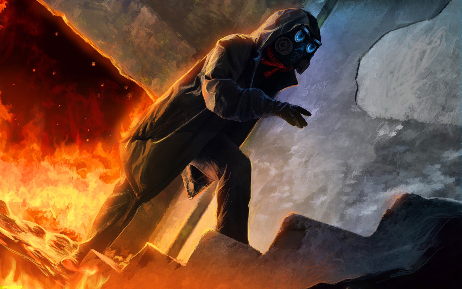 Man in gas mask and hooded jacket on stairs between fire and ice HD Wallpaper