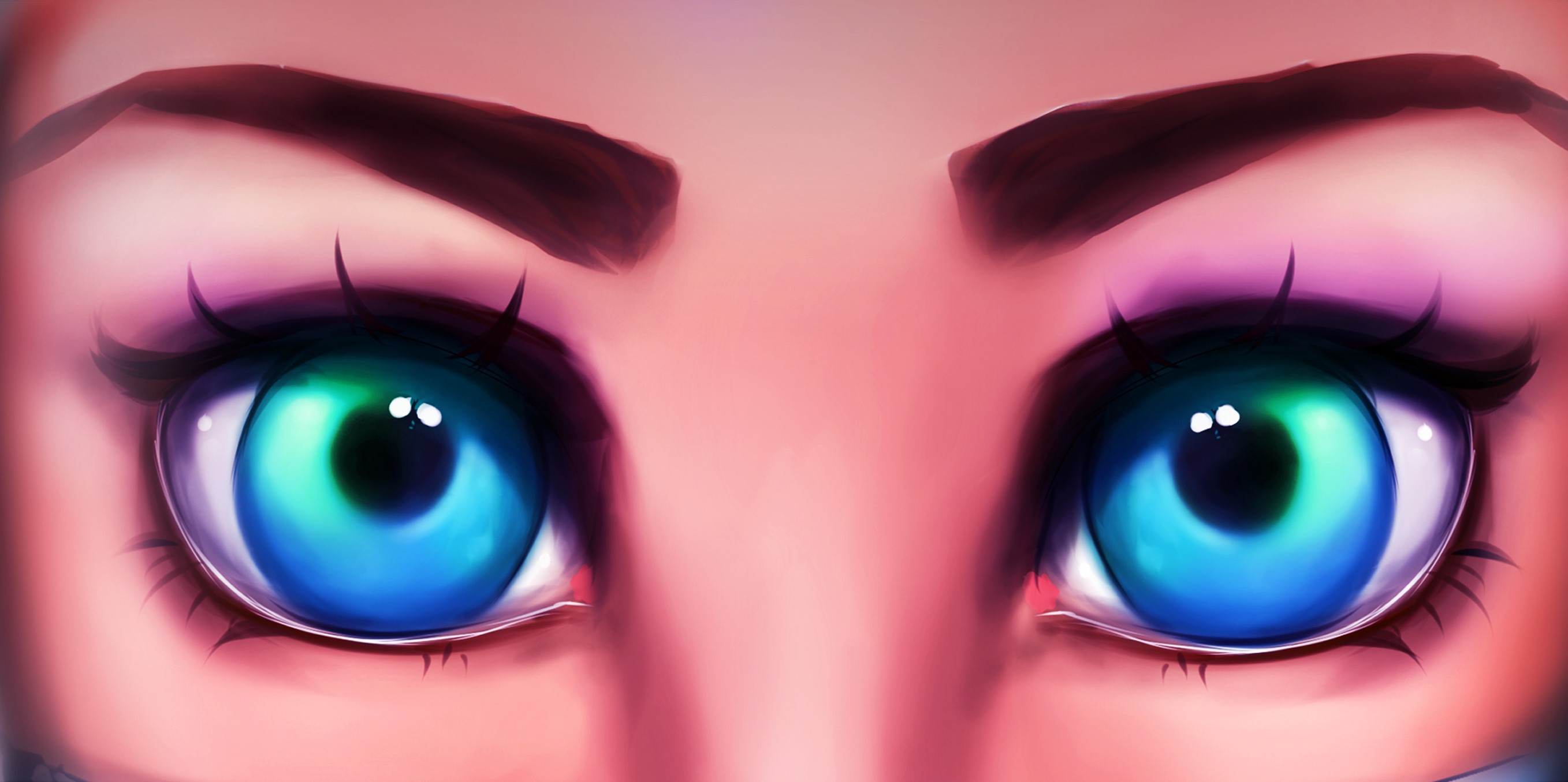 Painting of a pair of stylized blue and green eyes HD Wallpaper