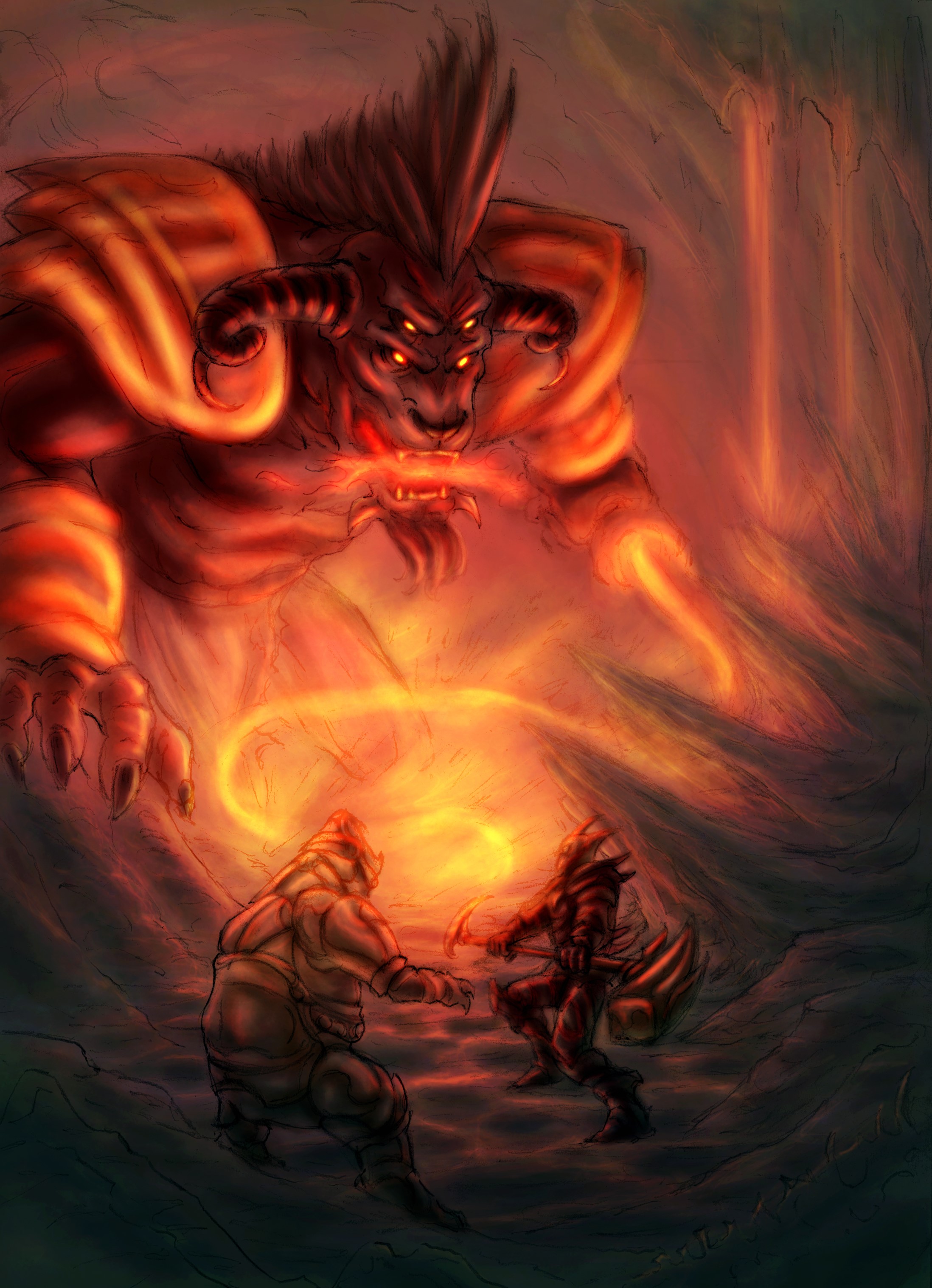 Giant fiery monster attacks two warriors in a cave HD Phone Wallpaper