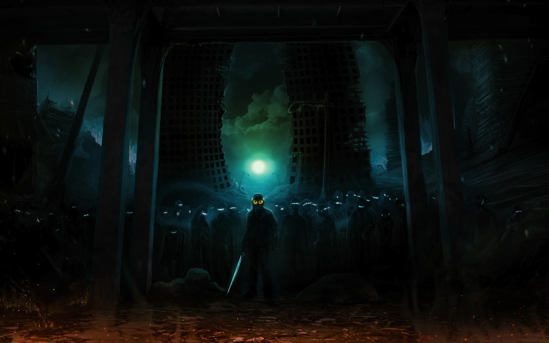 A lone figure stands before a horde in a ruined city HD Wallpaper