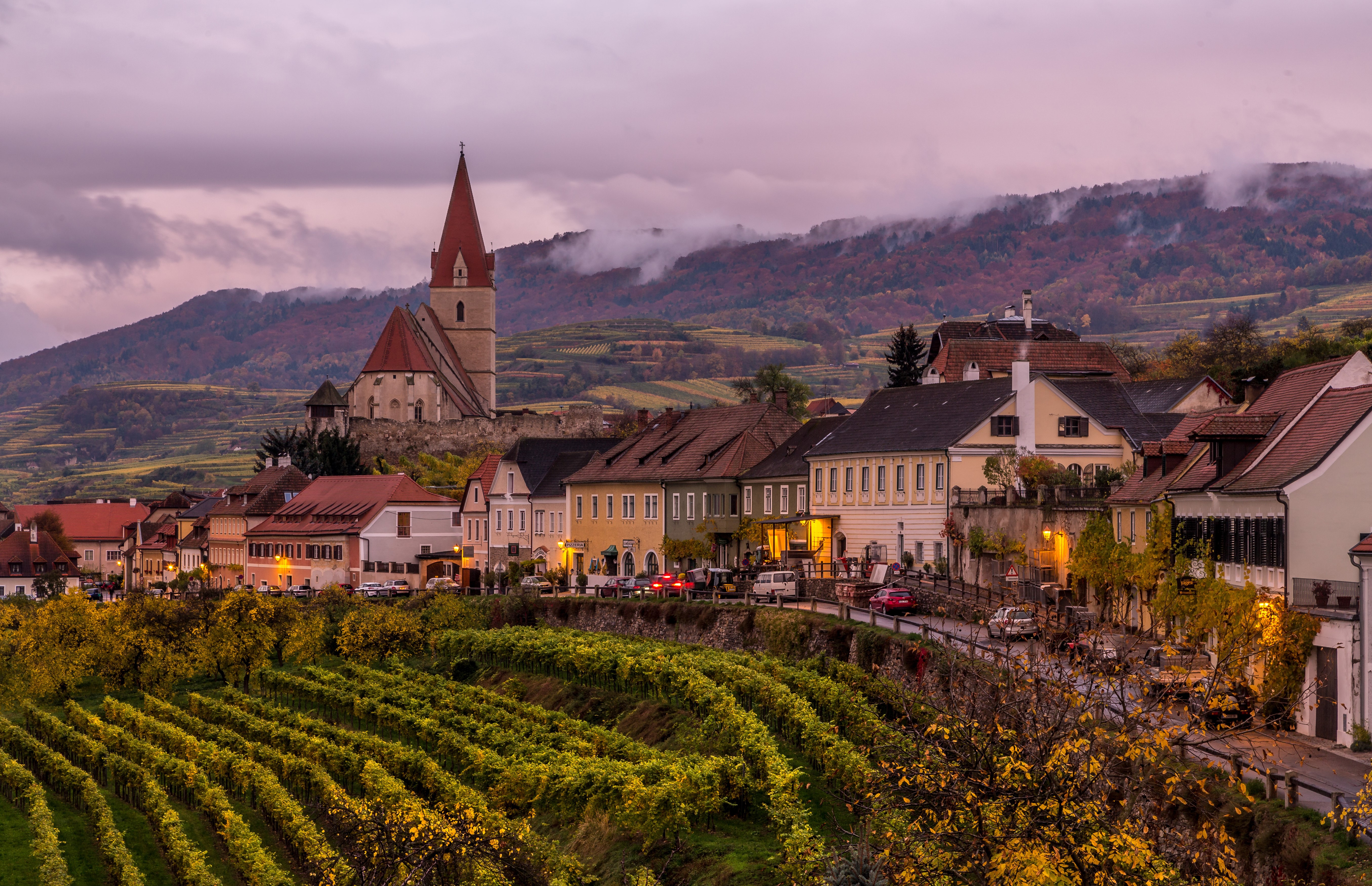 Weissenkirchen, Austria Village with Vineyards at Dusk HD Wallpaper