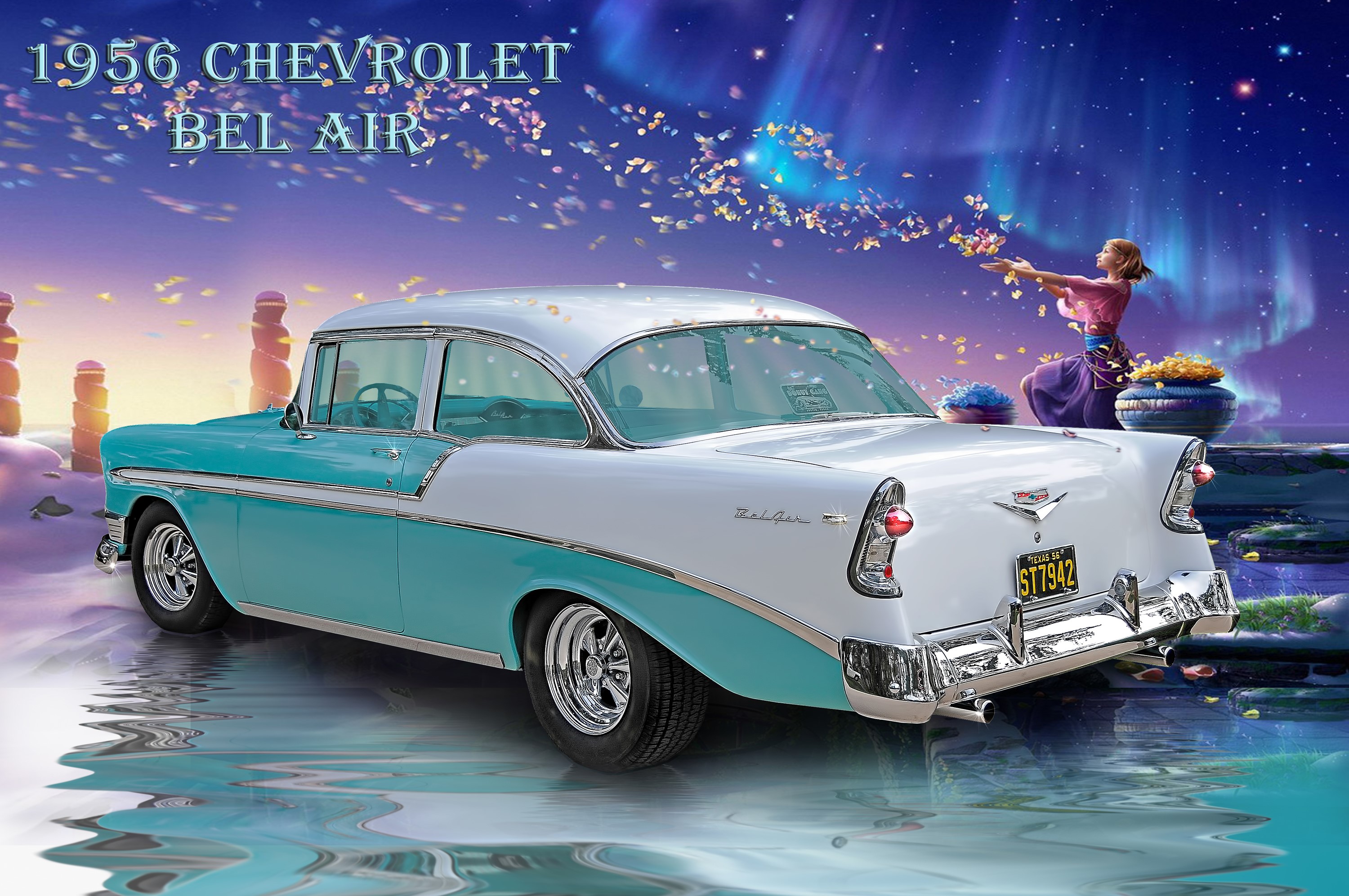1956 Chevrolet Bel Air with Aurora Borealis HD Wallpaper