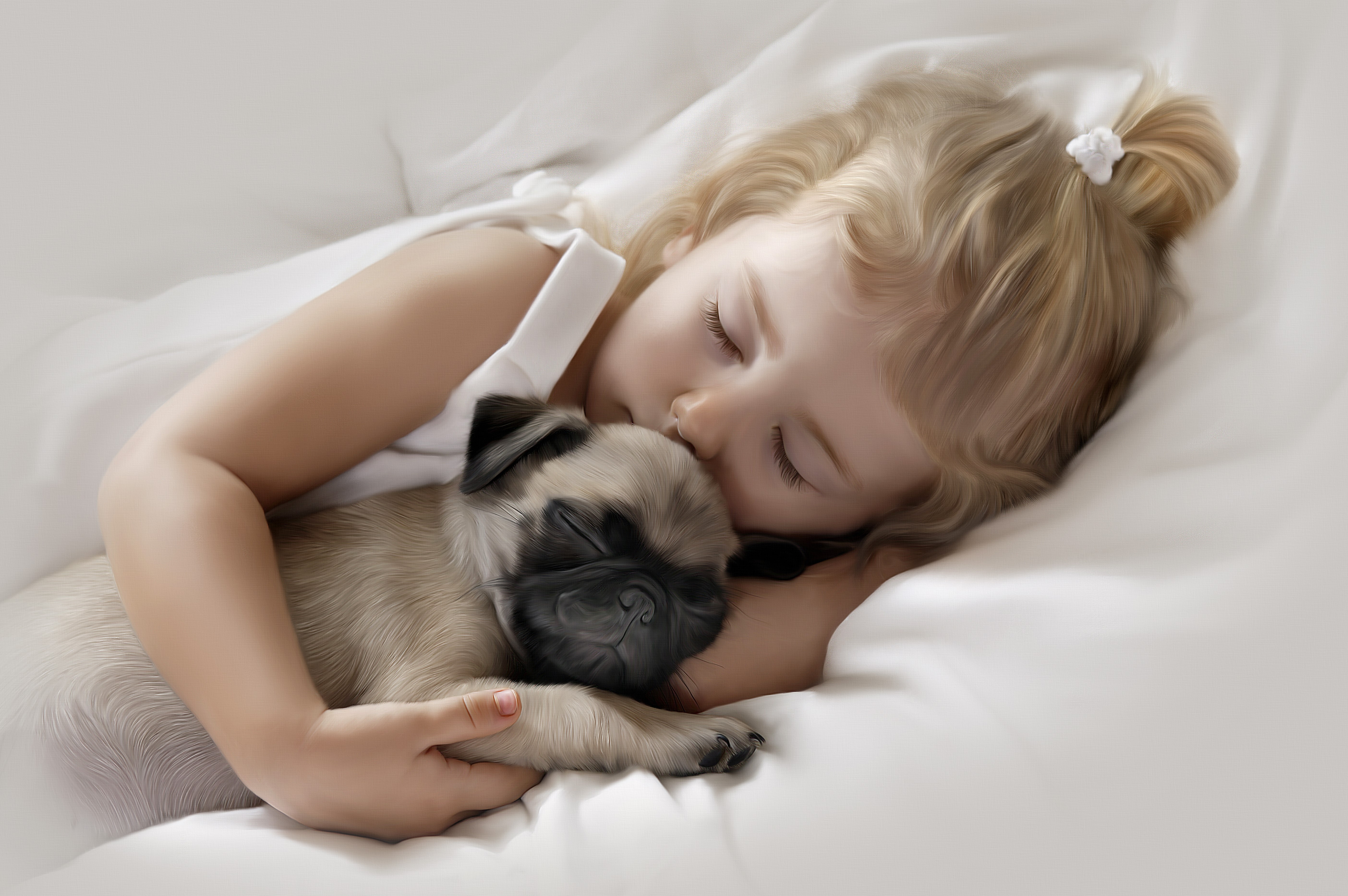 Little girl sleeping with pug puppy HD Wallpaper