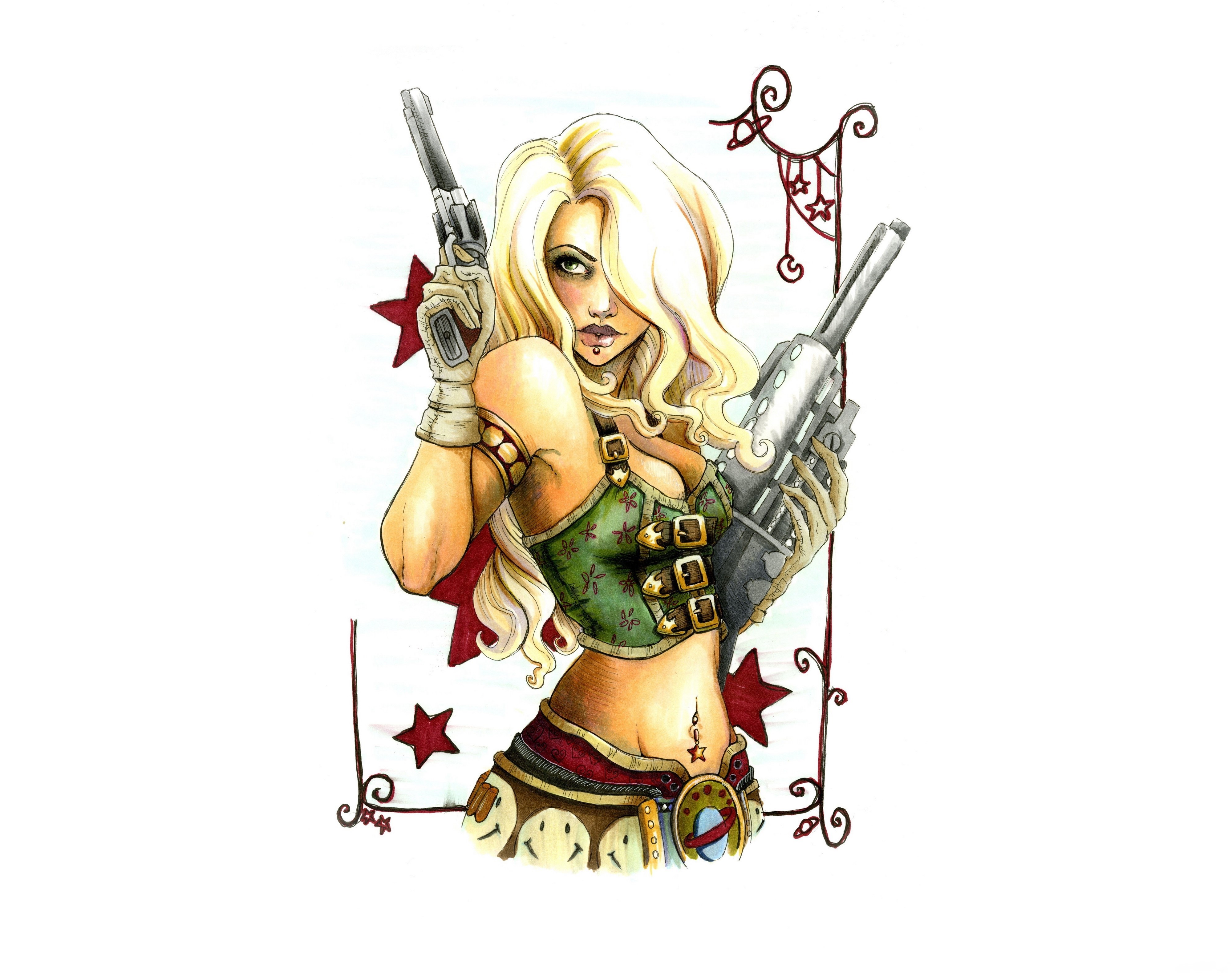 Painting Art of Blonde Girl with Pistols HD Wallpaper