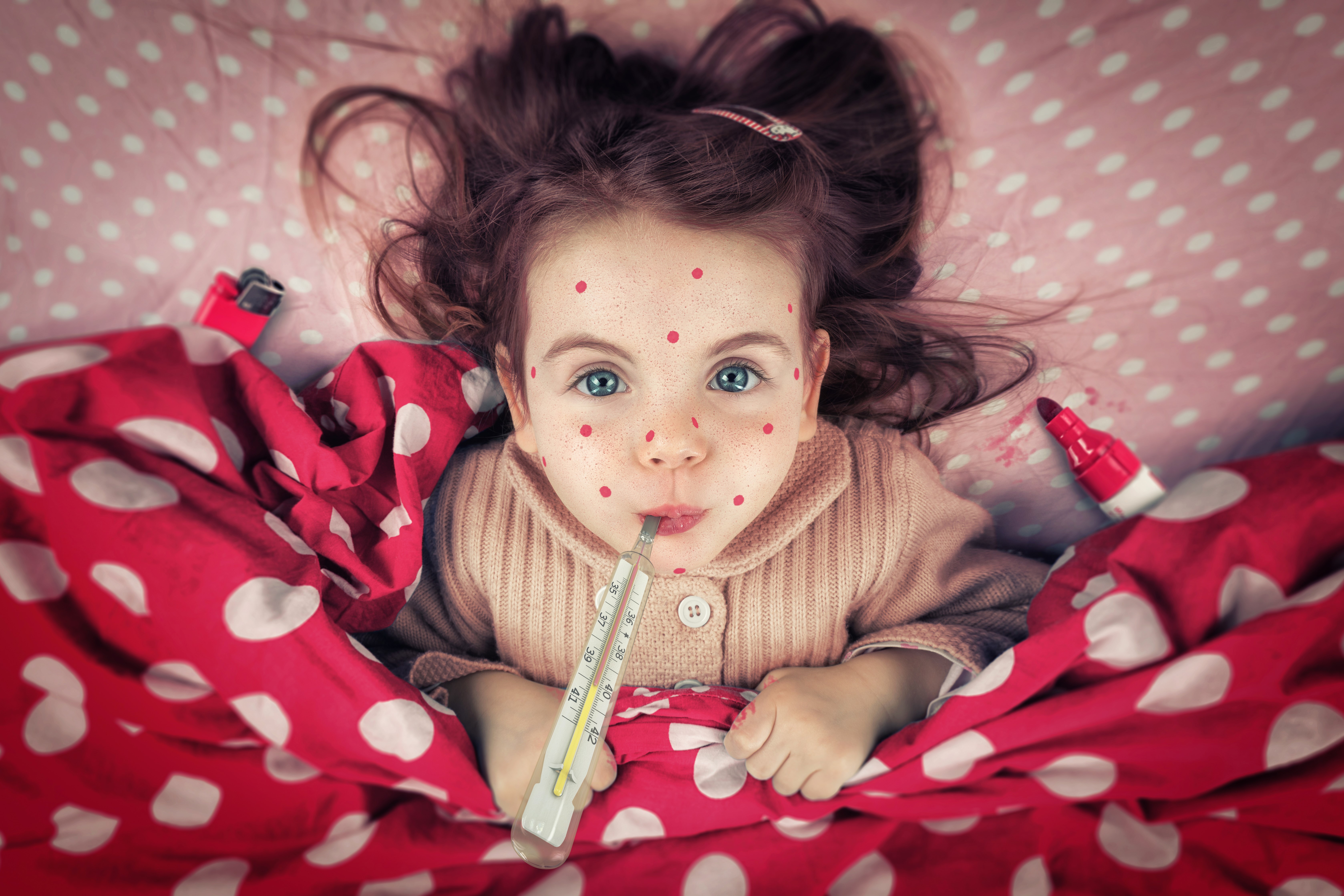 Girl with chickenpox and thermometer HD Wallpaper