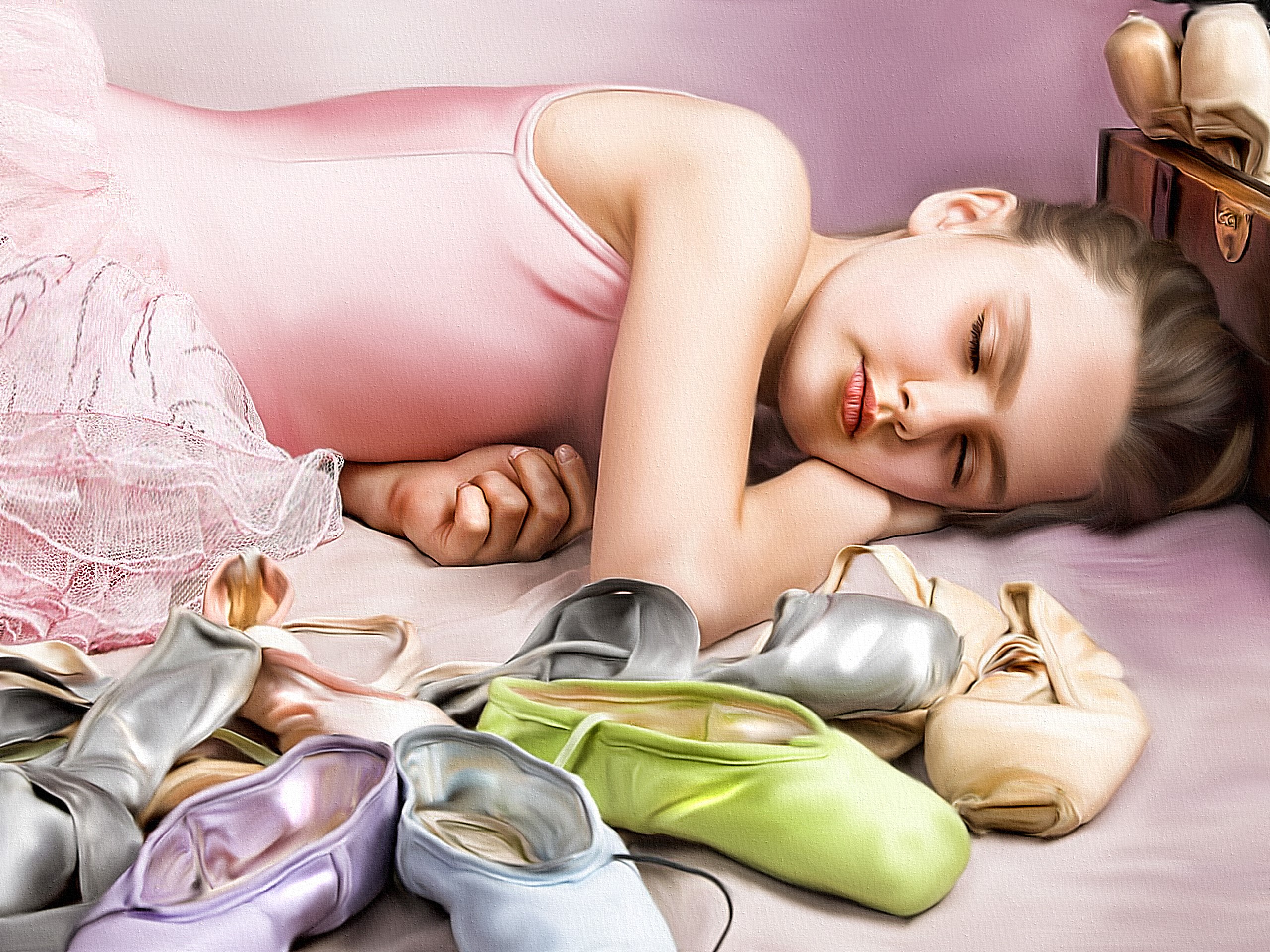 Young ballerina sleeping among ballet shoes HD Wallpaper
