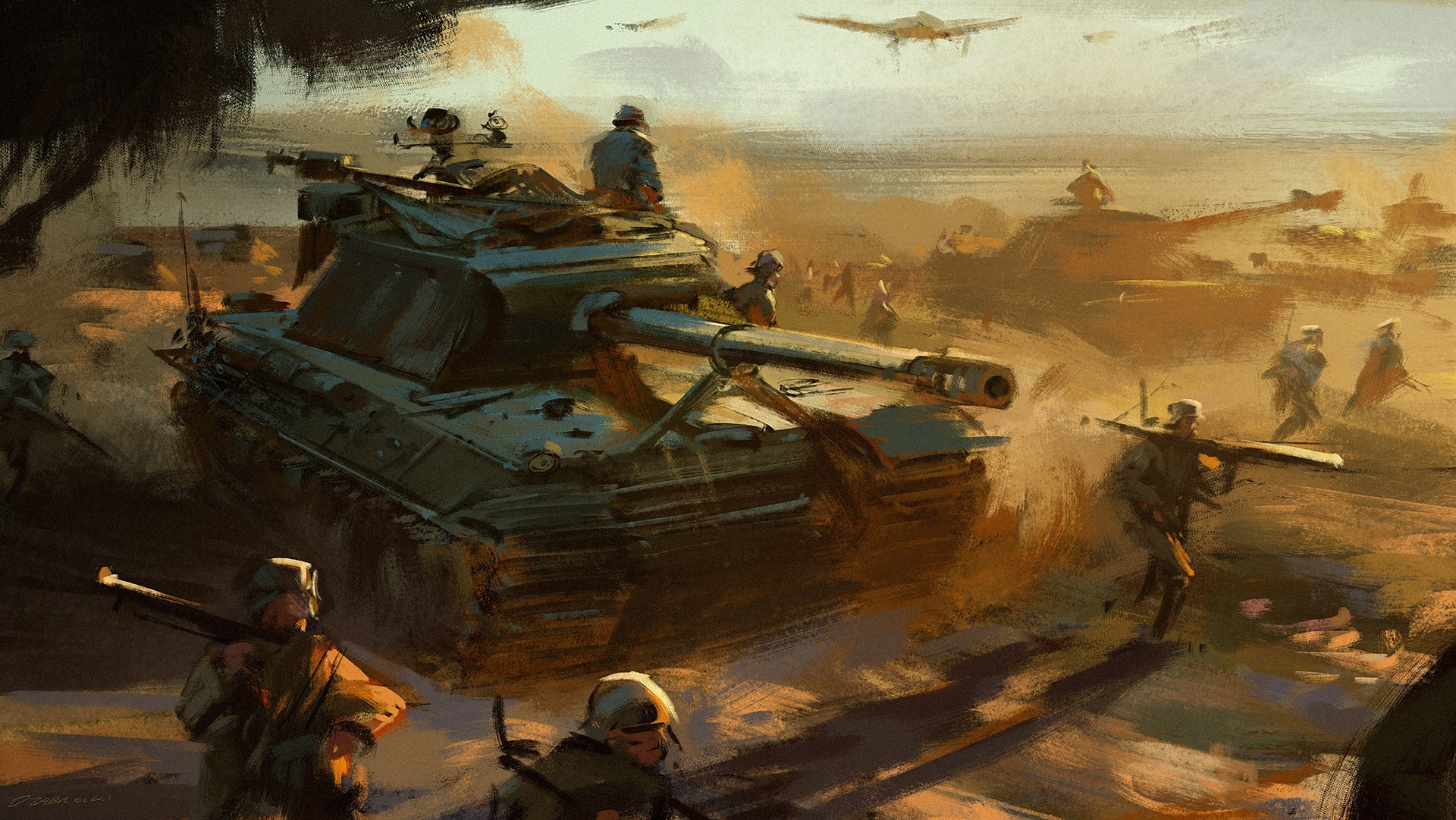 Soldiers and tanks in a desert battle HD Wallpaper
