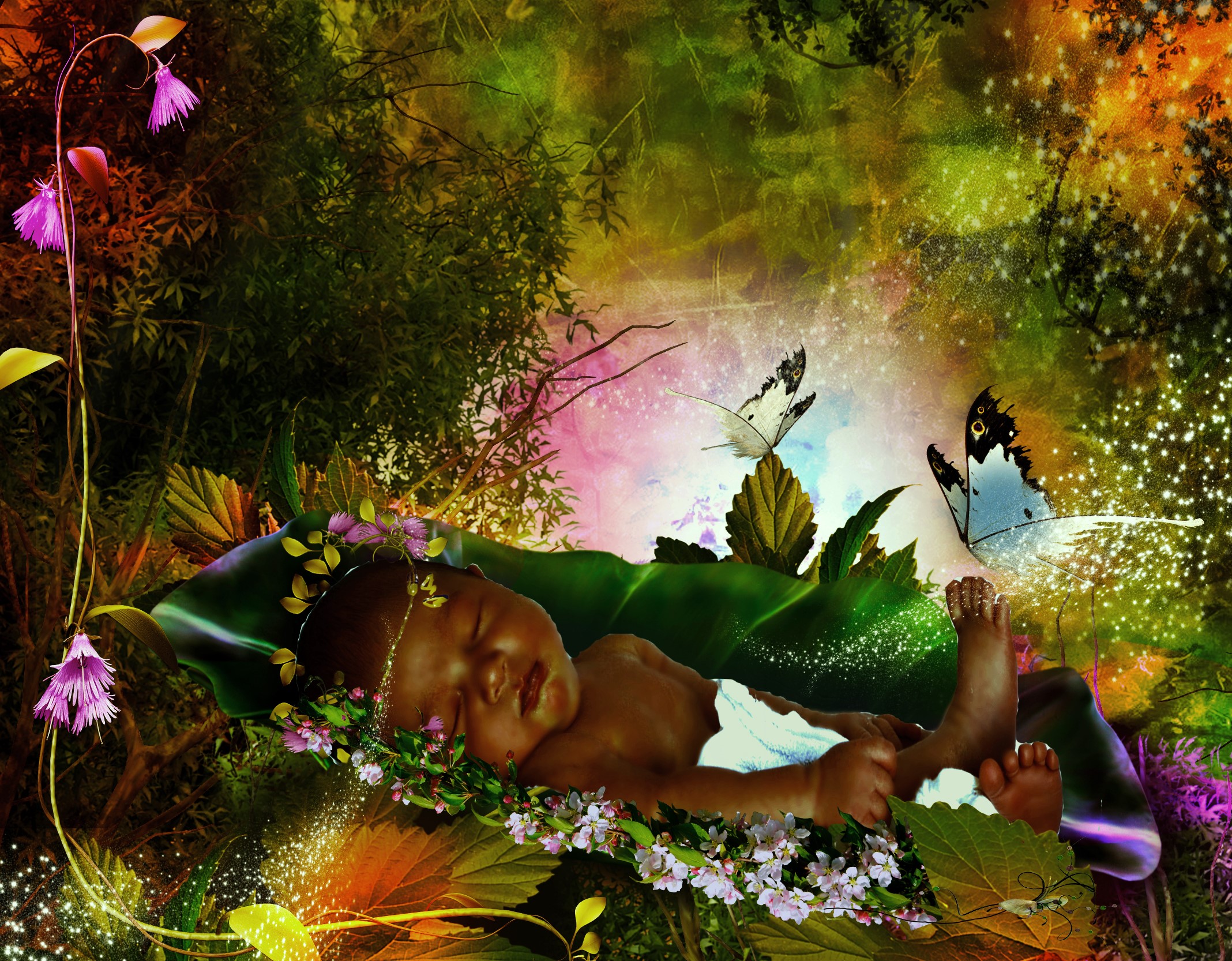 Sleeping infant in a magical forest with butterflies HD Wallpaper