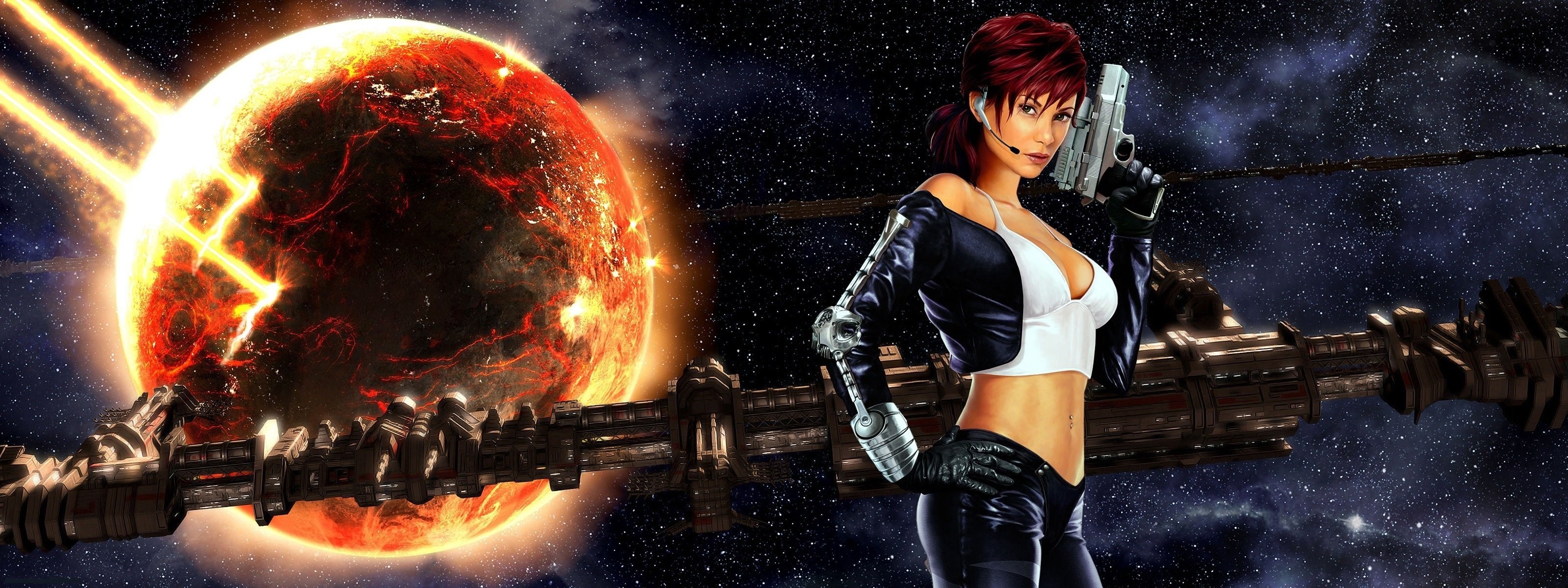 Woman with pistol in front of exploding planet and spaceship HD Wallpaper