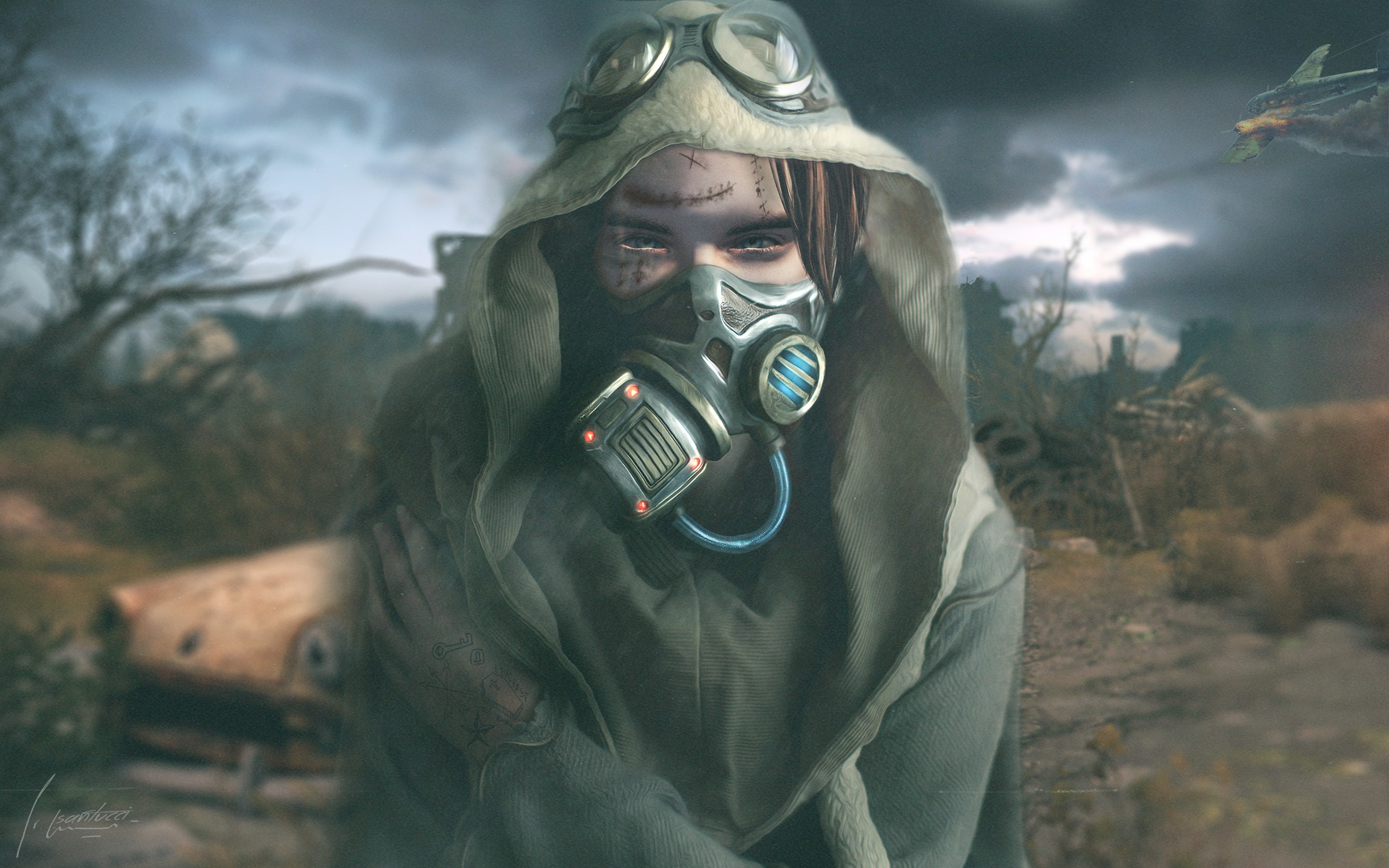 Person with gas mask and hood in post-apocalyptic setting HD Wallpaper
