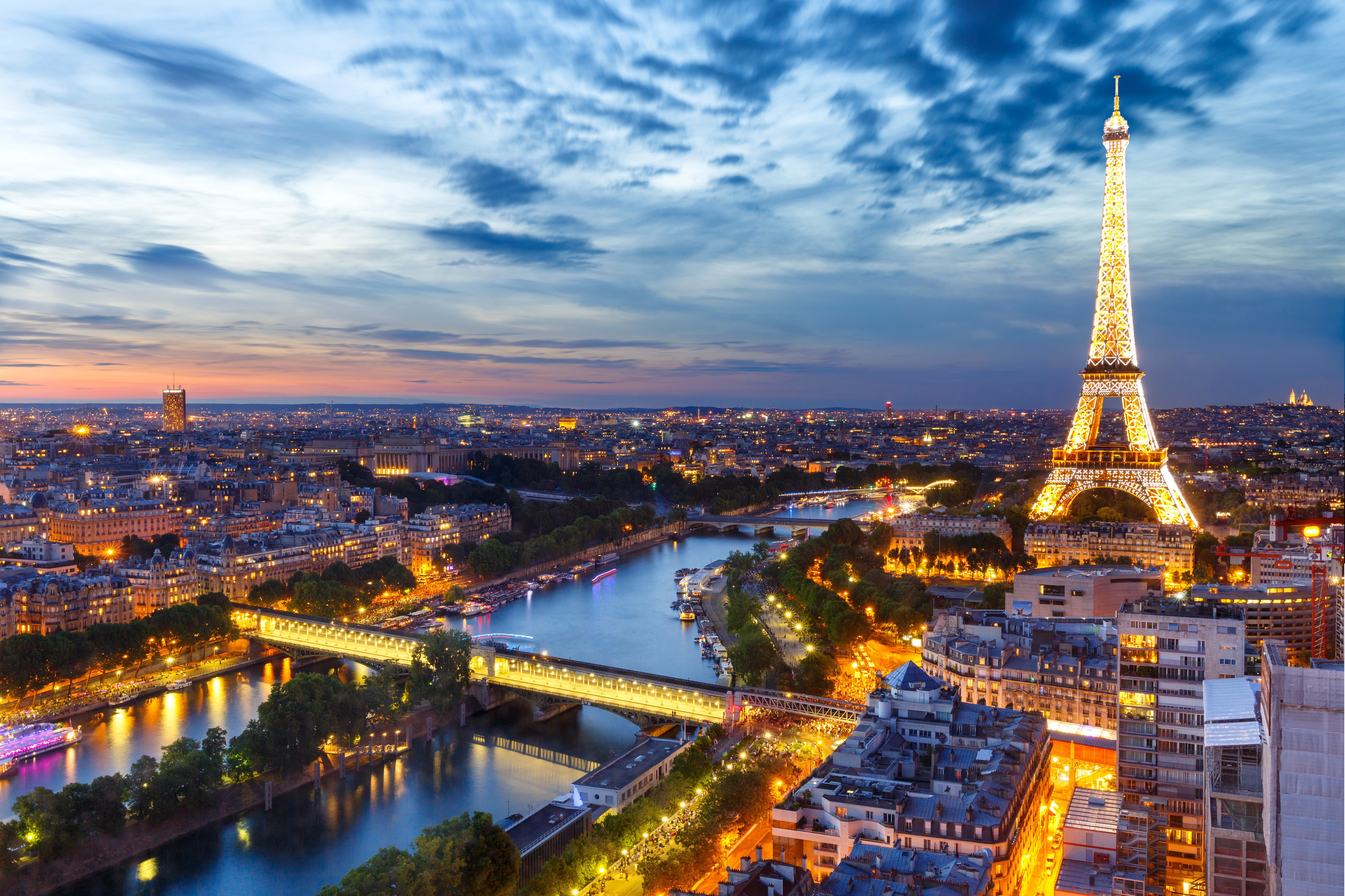 Eiffel Tower and Seine River at Dusk in Paris HD Wallpaper