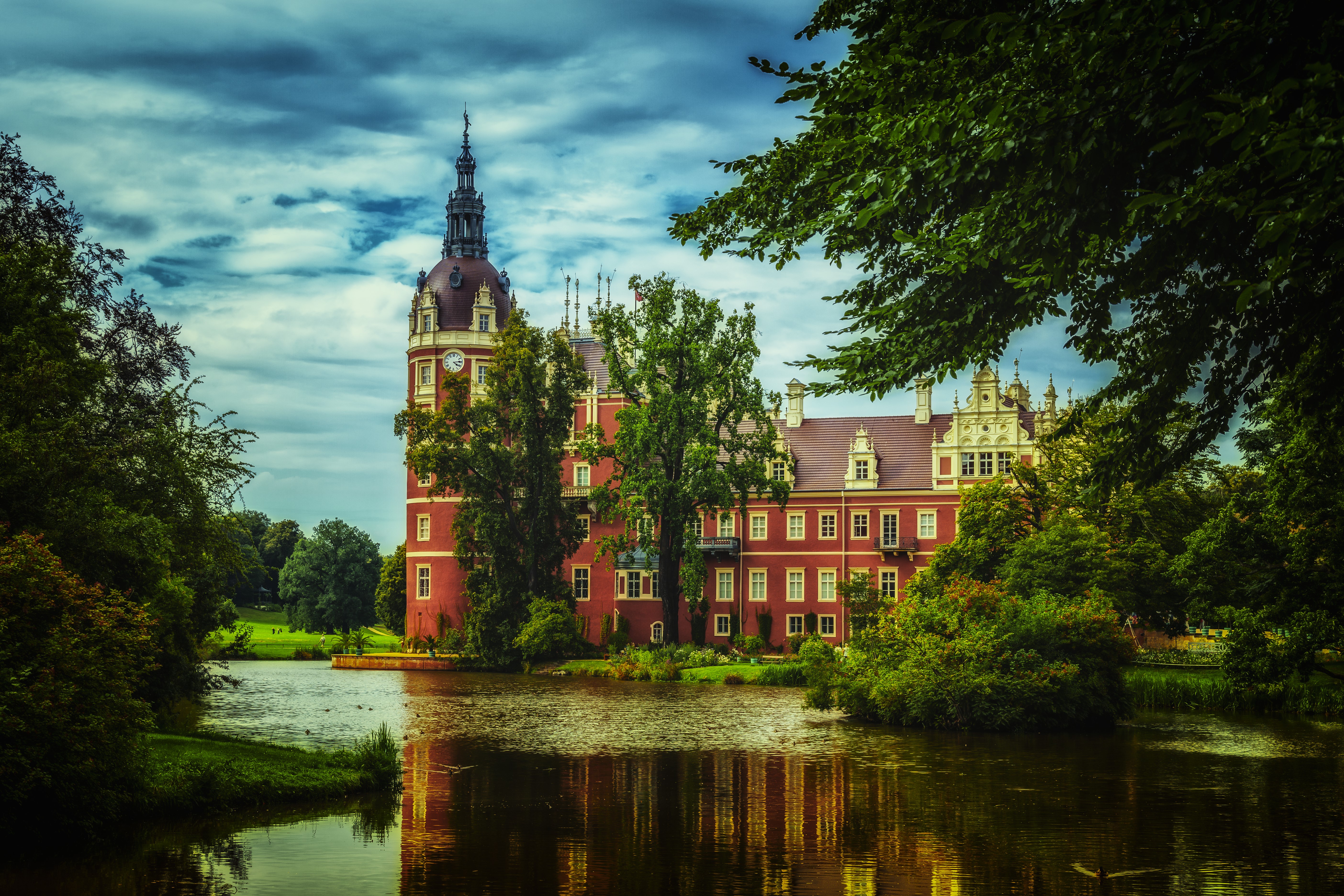 4K Muskau Park Castle with Pond and Trees, Germany HD Wallpaper