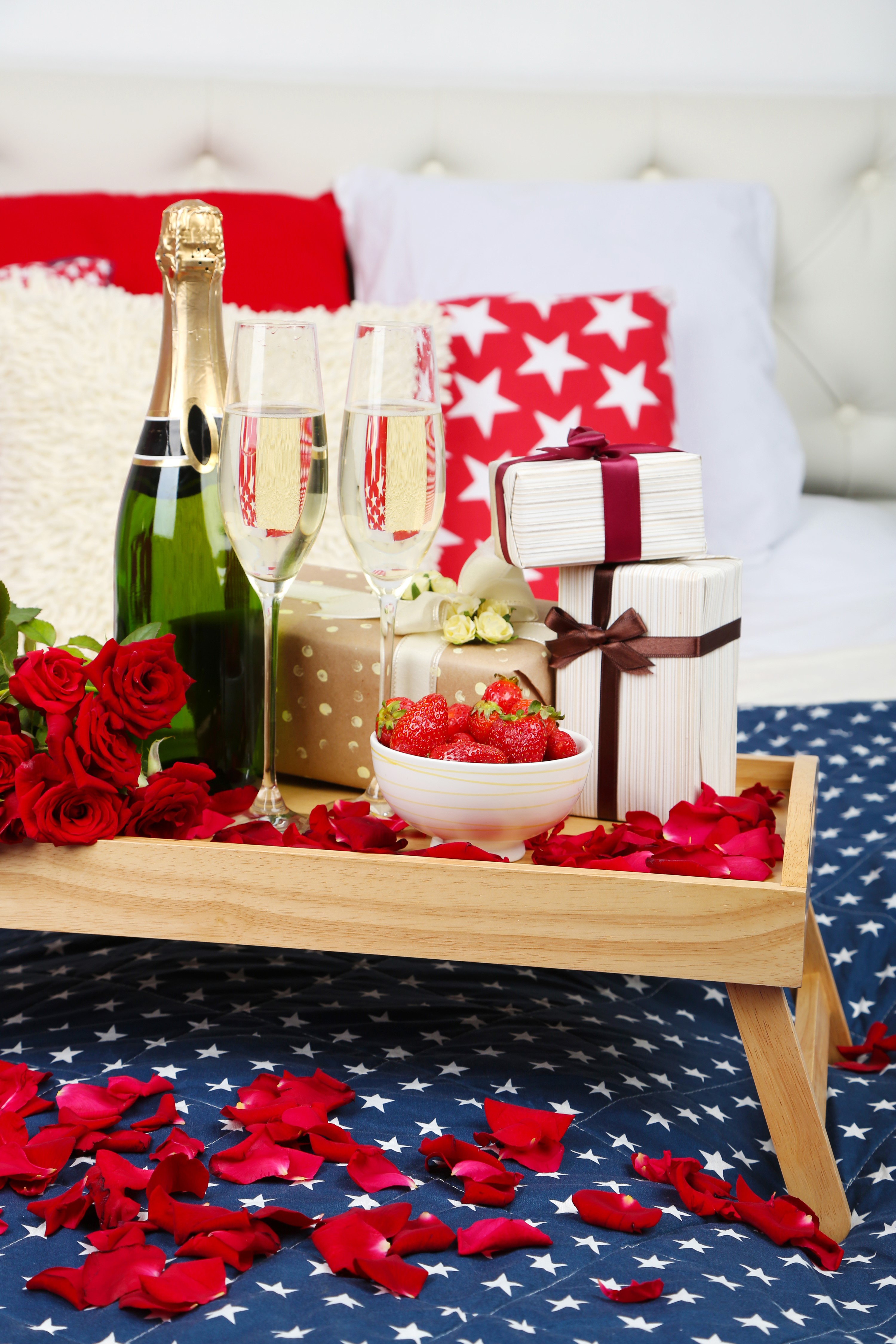Champagne, Roses, Gifts, and Strawberries on a Tray HD Phone Wallpaper