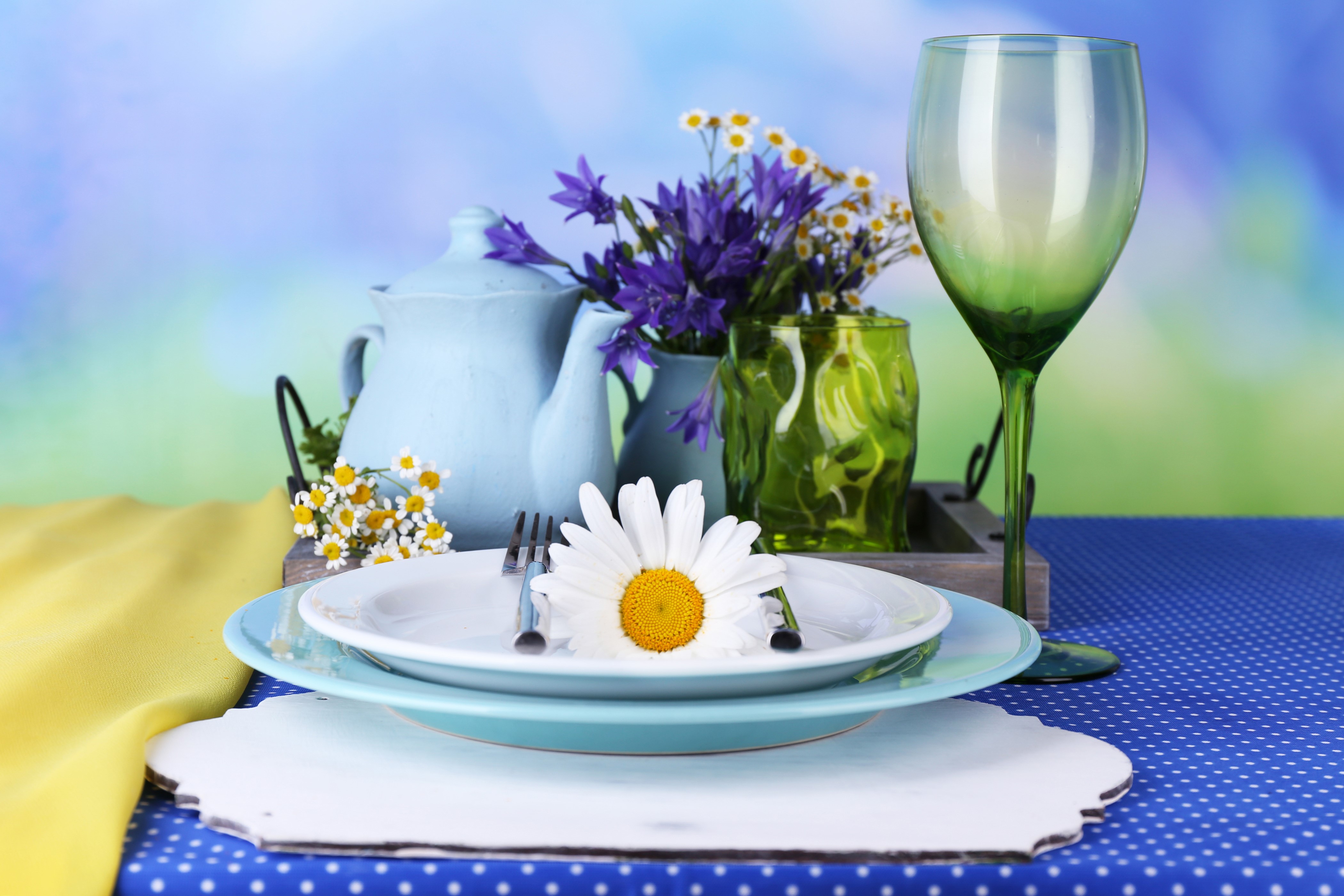 Table setting with kettle, flowers, and wine glass HD Wallpaper