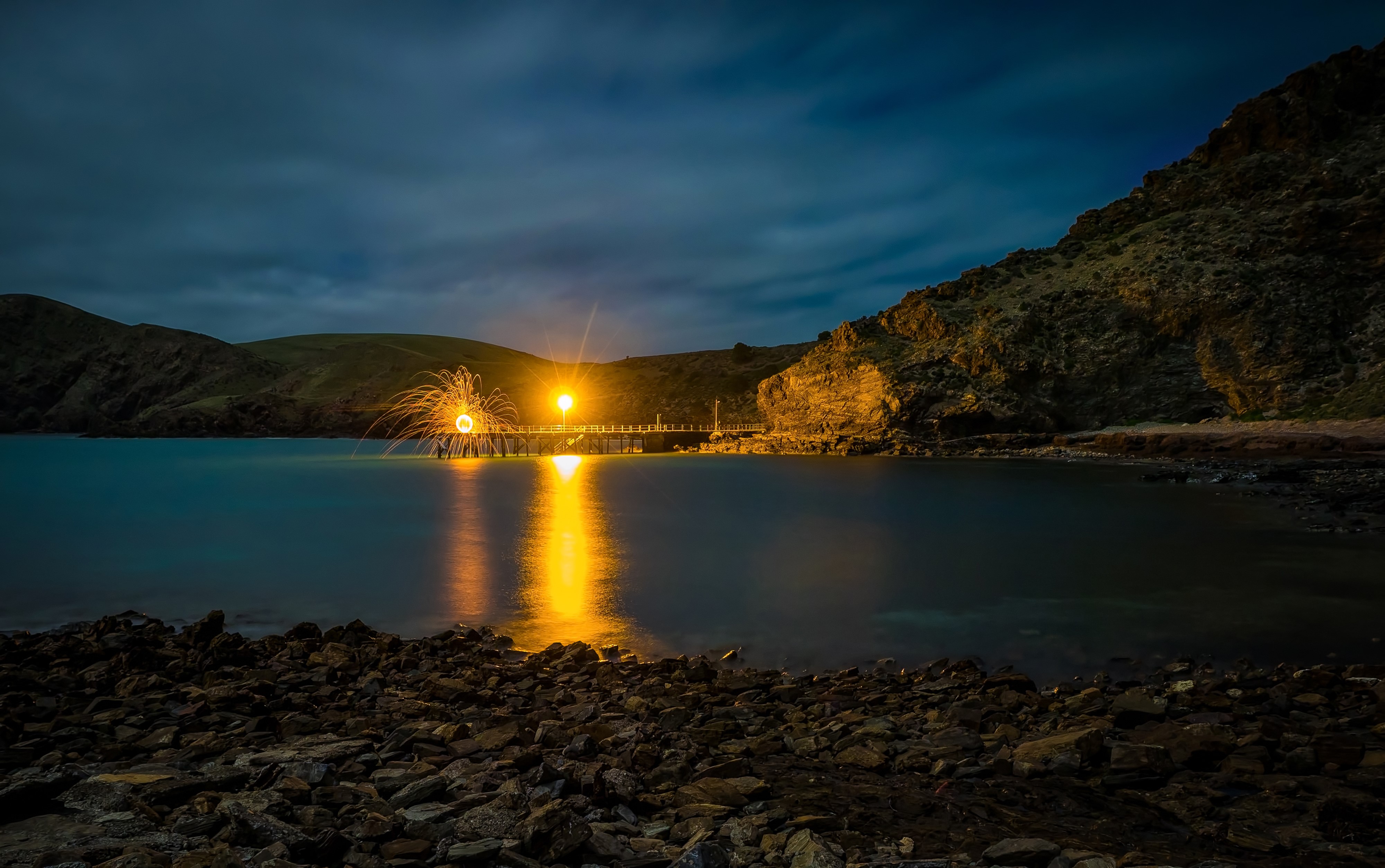 4K Night view of Second Valley pier with fireworks HD Wallpaper