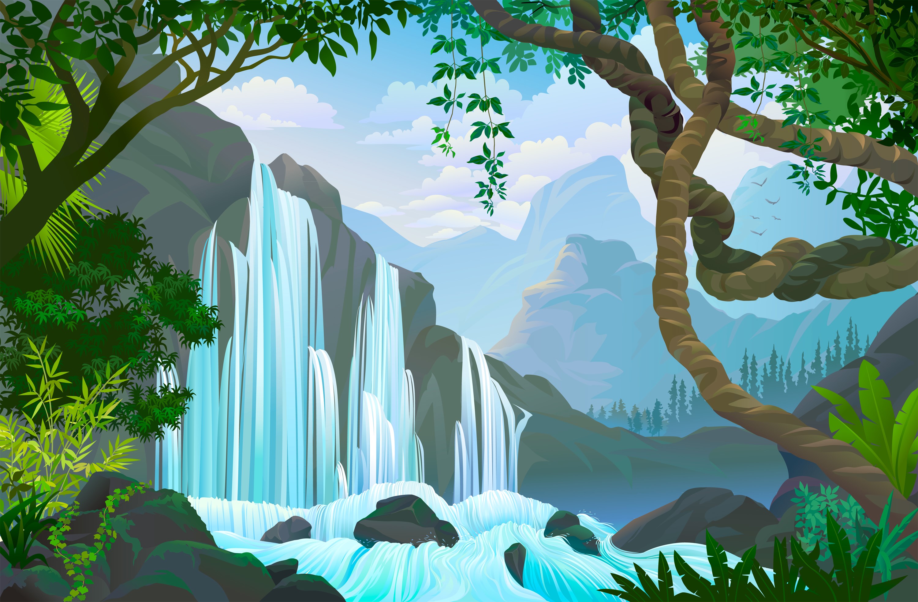 Waterfall cascading through a jungle with mountains and vines HD Wallpaper