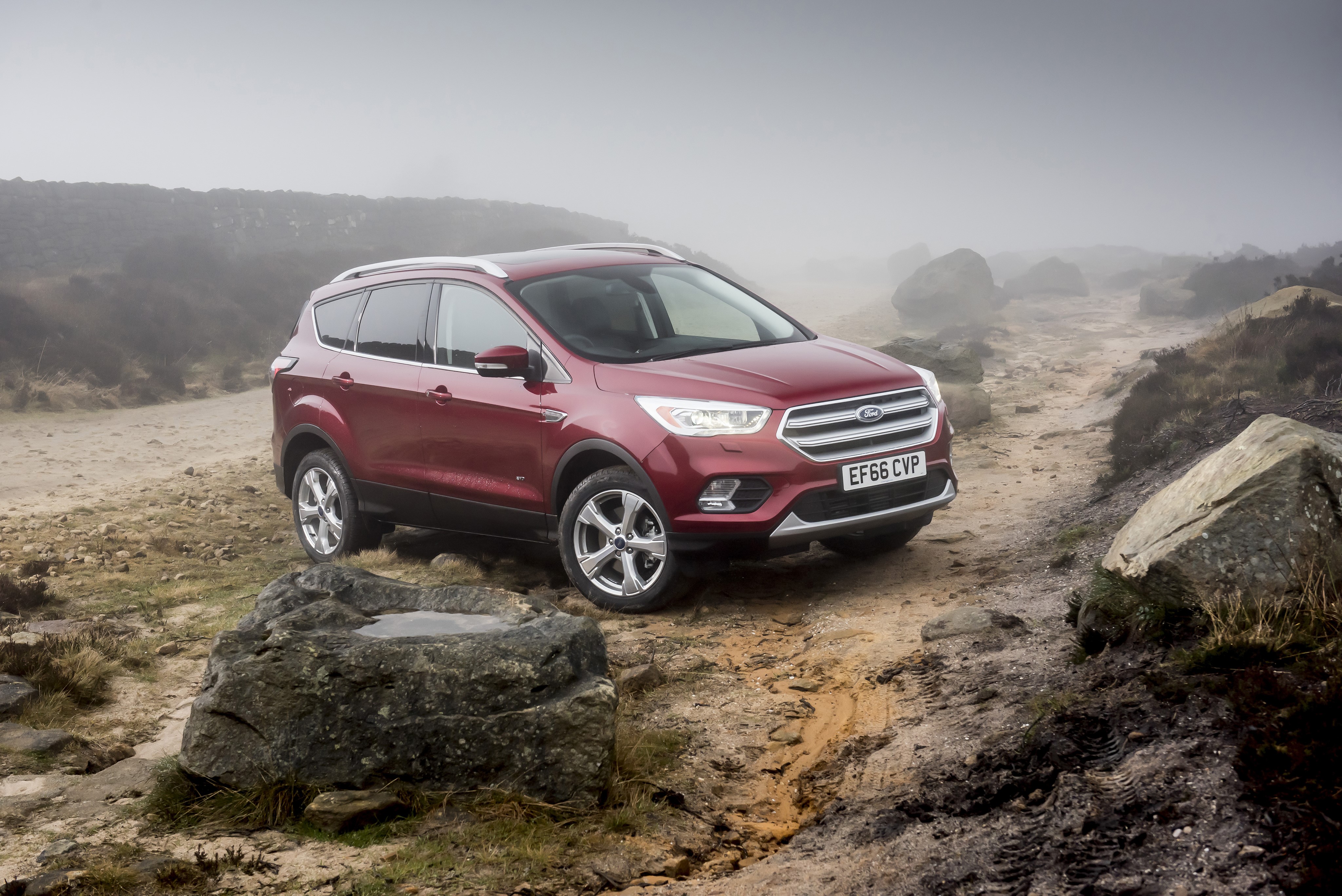 Red Ford Kuga on a dirt road HD Wallpaper
