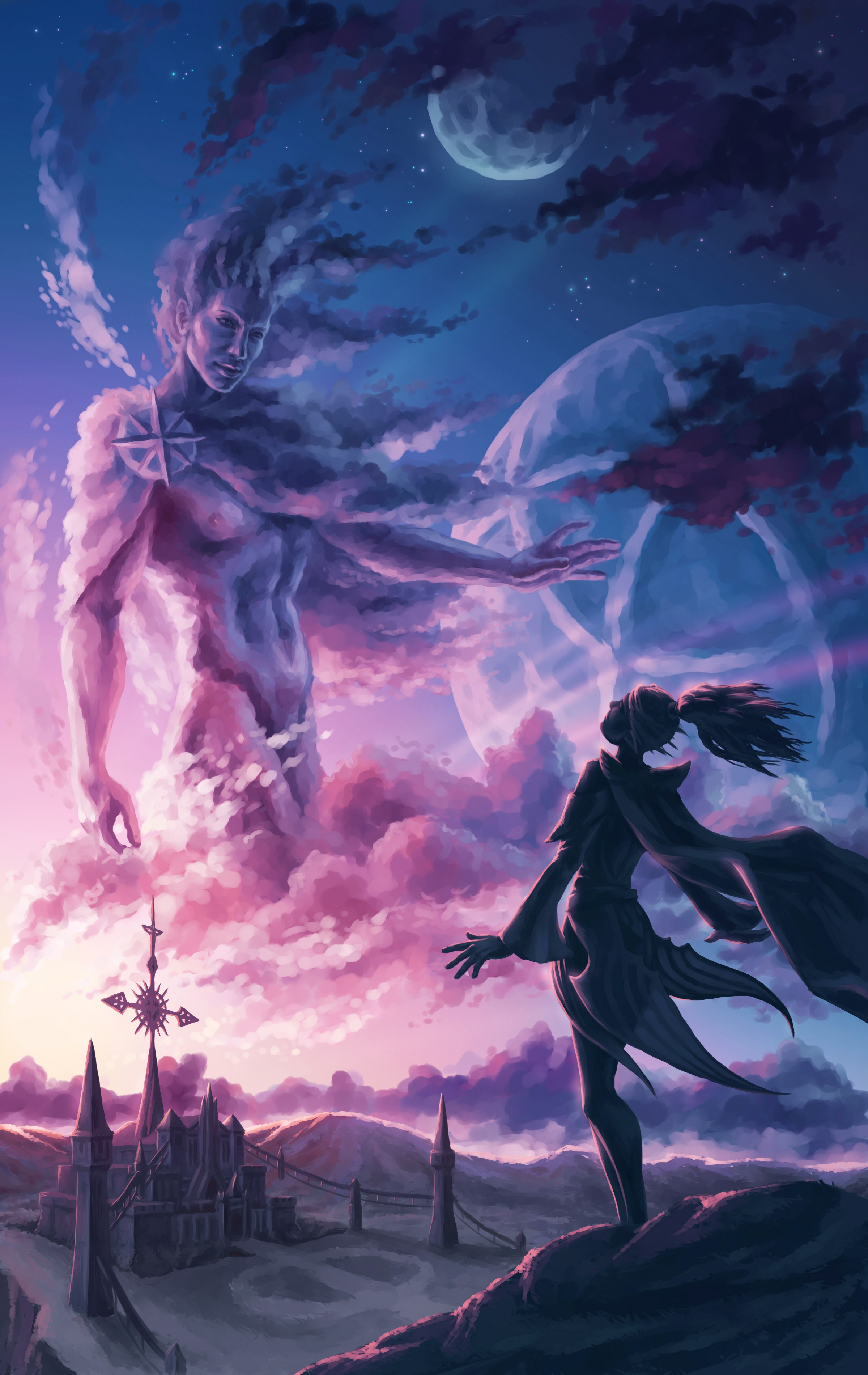 Giant cloud god and a figure before a castle HD Phone Wallpaper