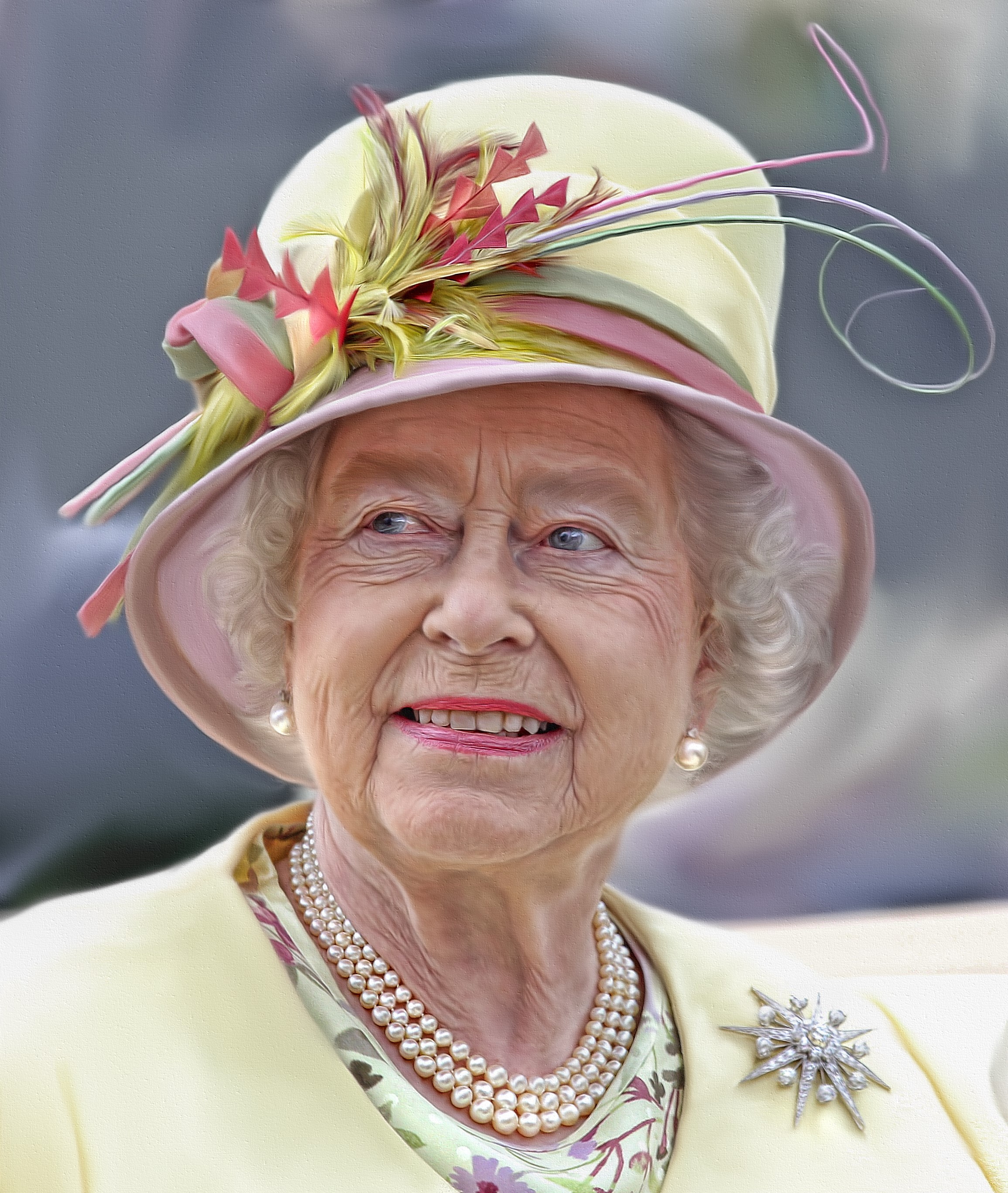 Queen Elizabeth II wearing a hat and pearls HD Wallpaper
